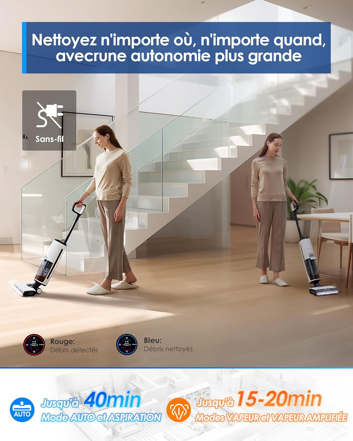 2026 Tineco Floor One S7 Steam Nettoyeur de Sols sans-Fil Balai Vapeur pour Saletés Collantes sur Sols Durs avec Écran Auto-Nettoyage Nettoyage des Bords Autopropulsion Parfait pour Enfants/Animaux