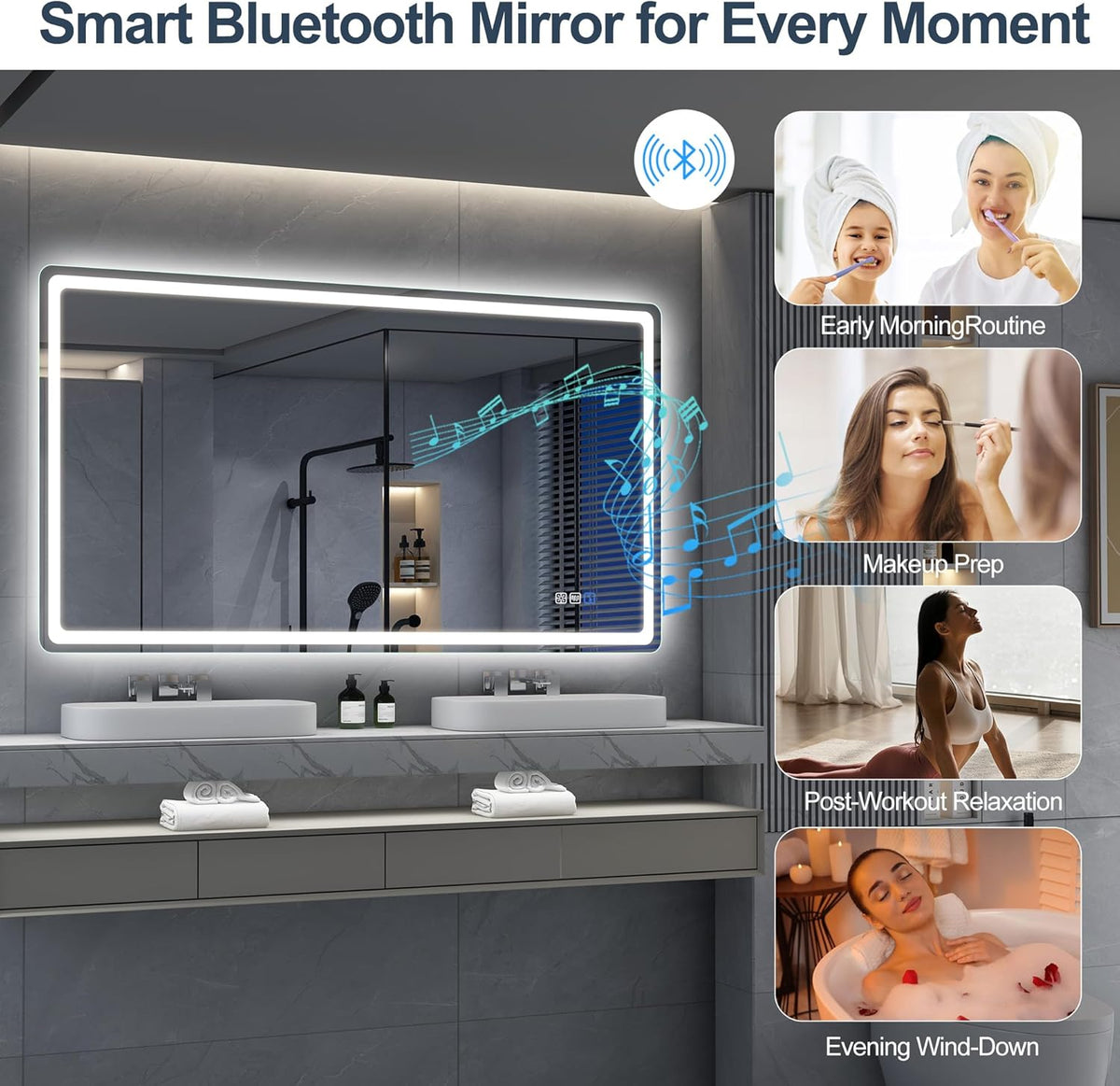 Miroir de salle de bain S'bagno avec éclairage 120 x 70 cm, miroir de salle de bain LED avec Bluetooth et fonction antibuée, intensité variable 3000 K/4000 K/6500 K, mémoire de forme, verre trempé HD, IP44 - Miroirs de salle de bain LED, horizontaux