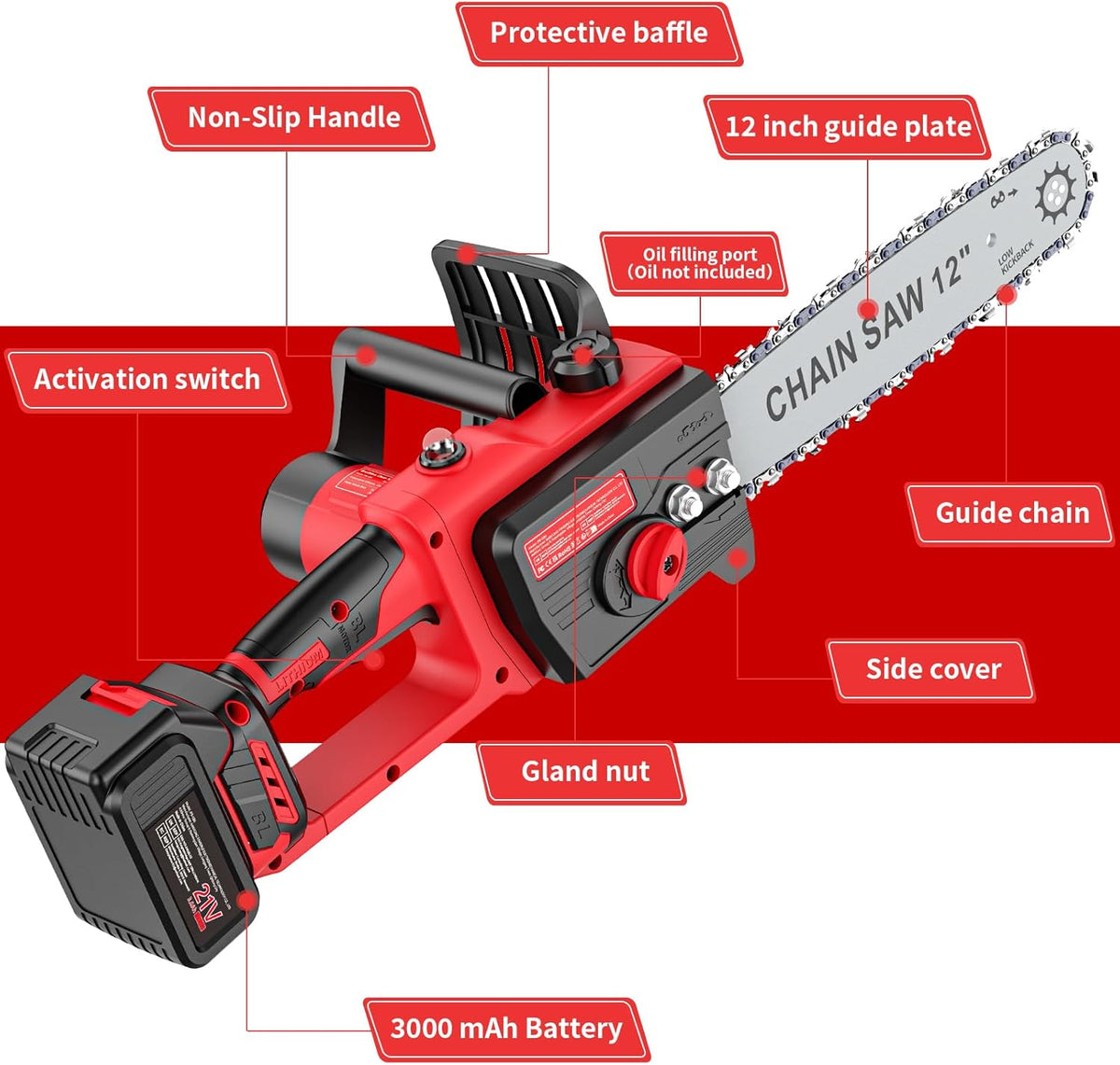 2026 Brushless Trononneuse avec batterie 3000mAh * 2, 12 pouces scie à chane électrique sans fil, scie à chane électrique à une main, scie à chane manuelle sans fil avec verrouillage de sécurité