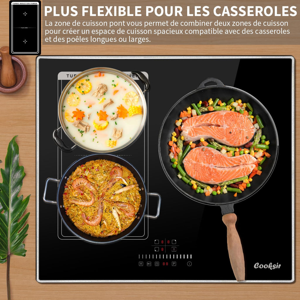 2026 Cooksir Plaque Induction 3 Feux avec Cadre, Table de Cuisson Induction 60cm Encastrable, 6800W, Commande Tactile à Curseur, Bord Inox, Zone Flexibles