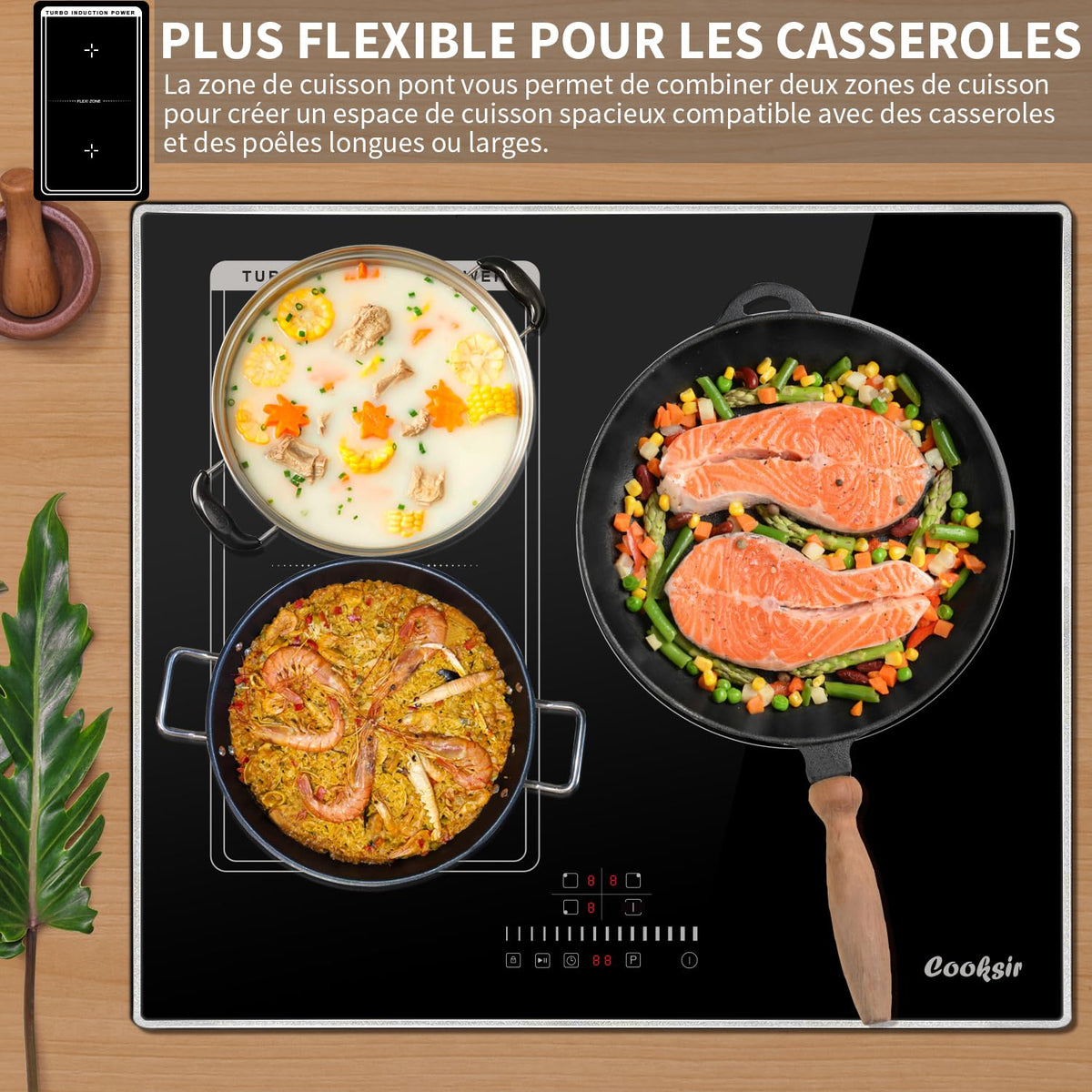 2026 Cooksir Plaque Induction 3 Feux avec Cadre, Table de Cuisson Induction 60cm Encastrable, 6800W, Commande Tactile à Curseur, Bord Inox, Zone Flexibles