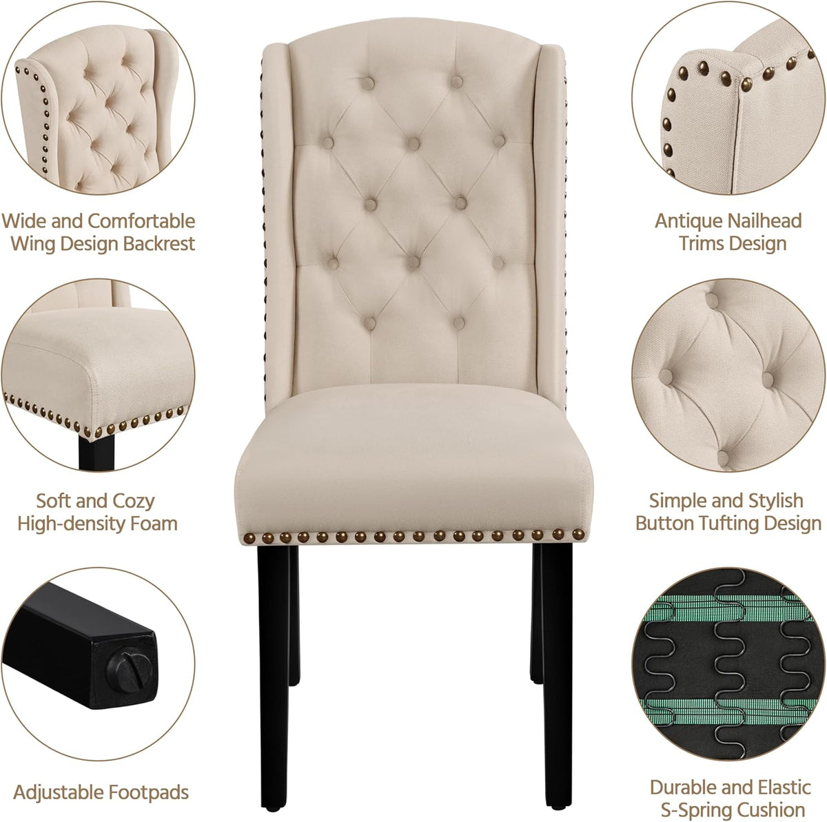 2026 Yaheetech Set 6 Sedie Sala da Pranzo Tessuto Imbottite Eleganti Gambe in Legno Massello Schienale Alto con Bottoni Portata 140 KG Beige