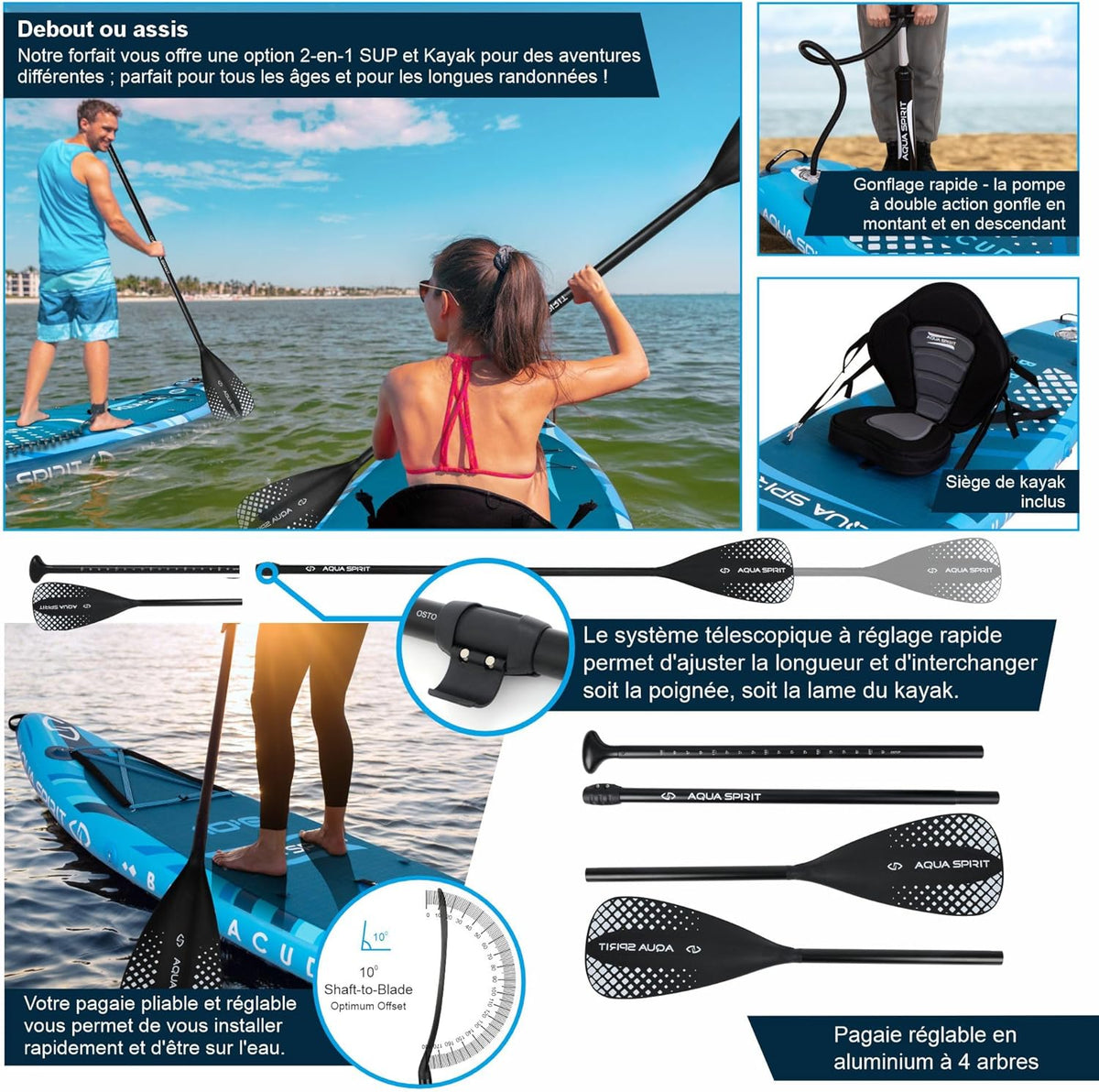 2026 Aqua Spirit Sup Planche à pagaie Gonflable Stand Up 2023 3 m / 10 m / 10 m / 10/12 pi 6/15 pi / 18 po Kit Complet de Conversion de Kayak avec pagaie, Sac à Dos, Pompe et Autres Accessoires