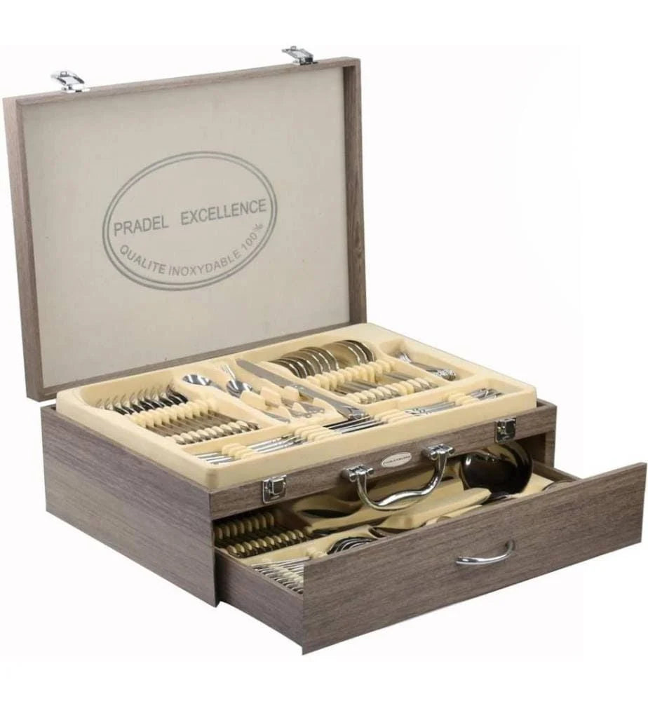 2026 Ménagère 84 couverts Pradel Excellence Ambiance inox coffret 1 tiroir(Argent/Bois)