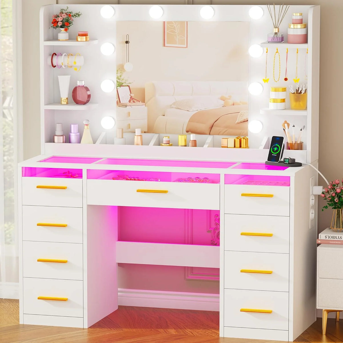 2026 ANWBROAD coiffeuse blanche avec miroir et éclairage LED 3 couleurs, plateau en verre, 9 tiroirs RGB, 4 étagères, prise intégrée(Blanc/Rose)