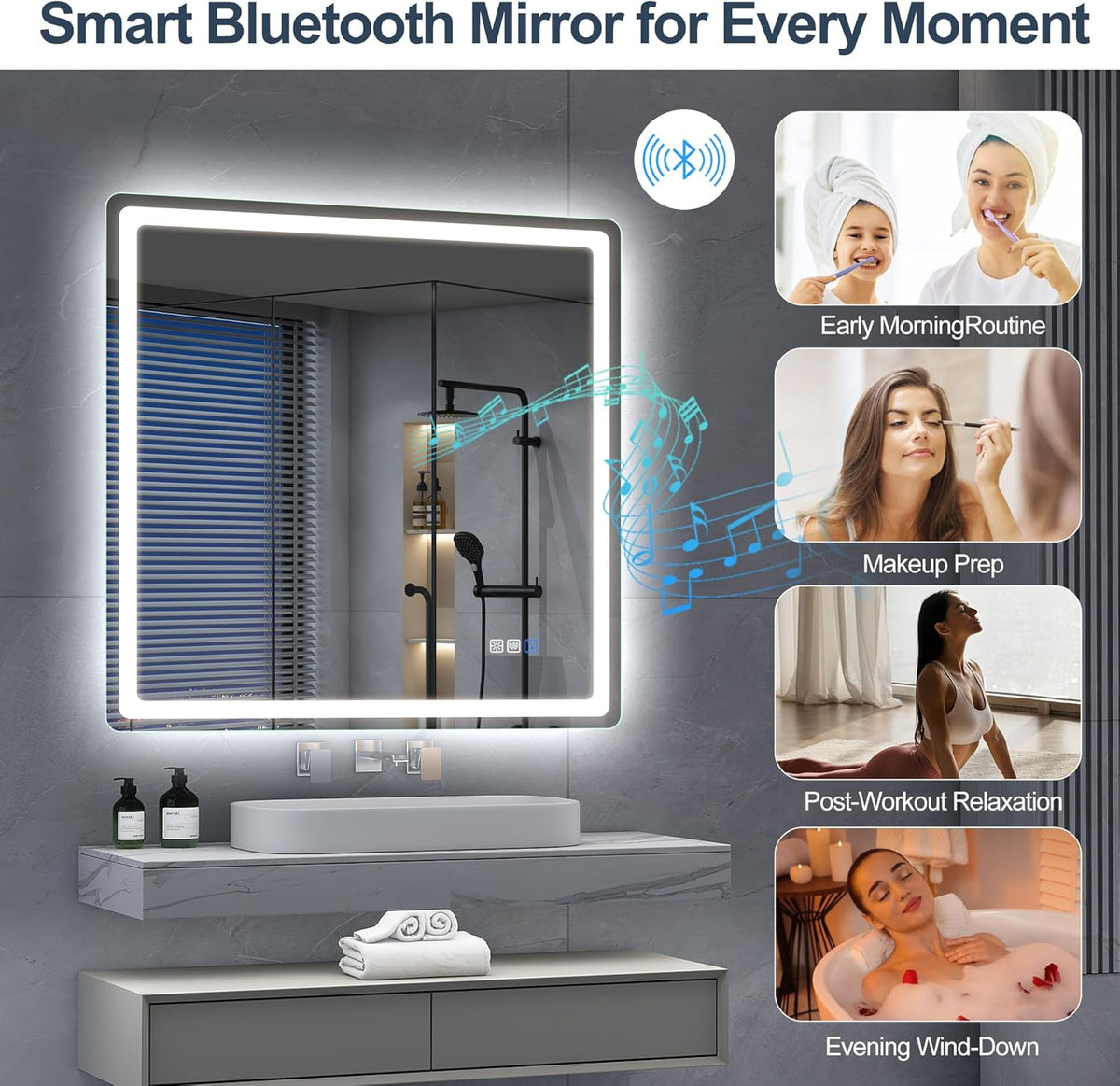 Miroir de salle de bain S'bagno avec éclairage 120 x 70 cm, miroir de salle de bain LED avec Bluetooth et fonction antibuée, intensité variable 3000 K/4000 K/6500 K, mémoire de forme, verre trempé HD, IP44 - Miroirs de salle de bain LED, horizontaux