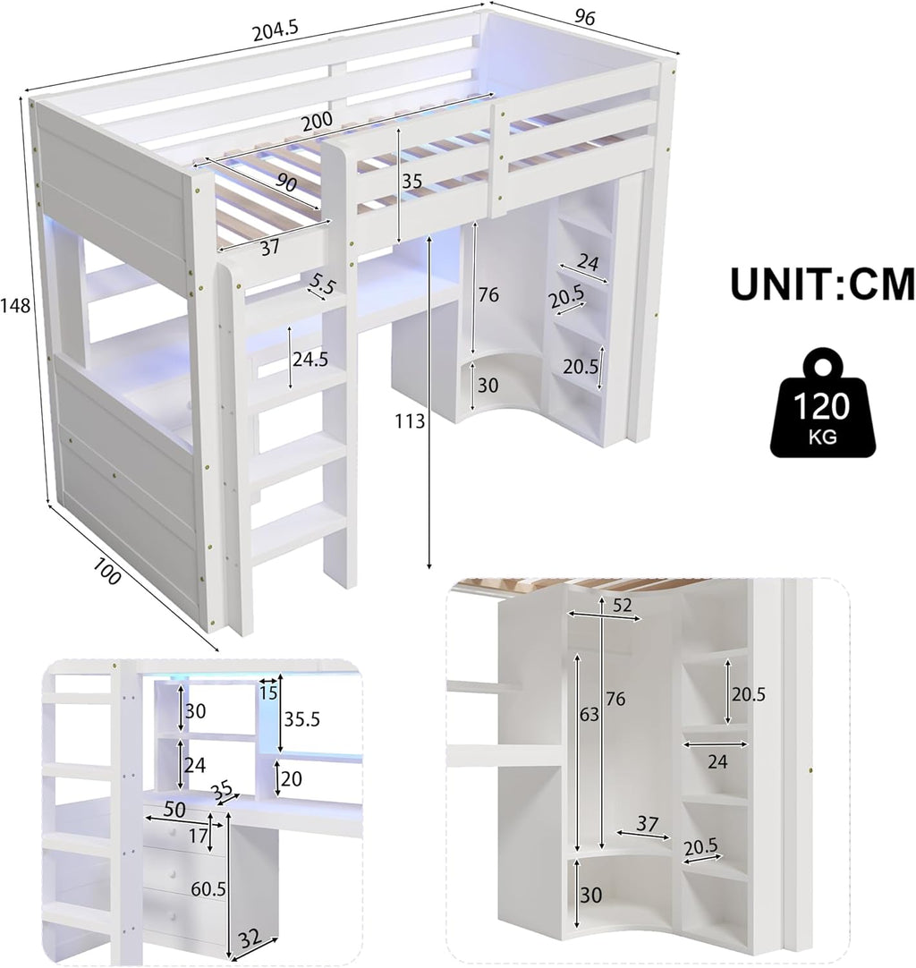 2026 Lit Mezzanine 90x200 cm, Lit Superposé Enfant et Adulte avec Bureau, Lumières LED, Armoire, Échelle, 4 Tiroirs et Rangements, Blanc et Bois lit Mezzanine (90x200 cm)