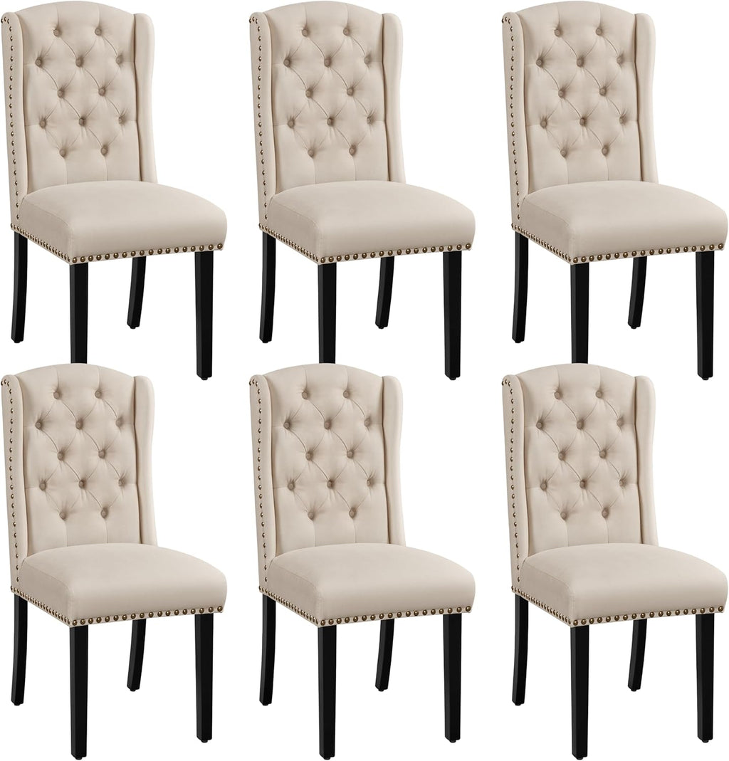 2026 Yaheetech Set 6 Sedie Sala da Pranzo Tessuto Imbottite Eleganti Gambe in Legno Massello Schienale Alto con Bottoni Portata 140 KG Beige