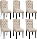 2026 Yaheetech Set 6 Sedie Sala da Pranzo Tessuto Imbottite Eleganti Gambe in Legno Massello Schienale Alto con Bottoni Portata 140 KG Beige