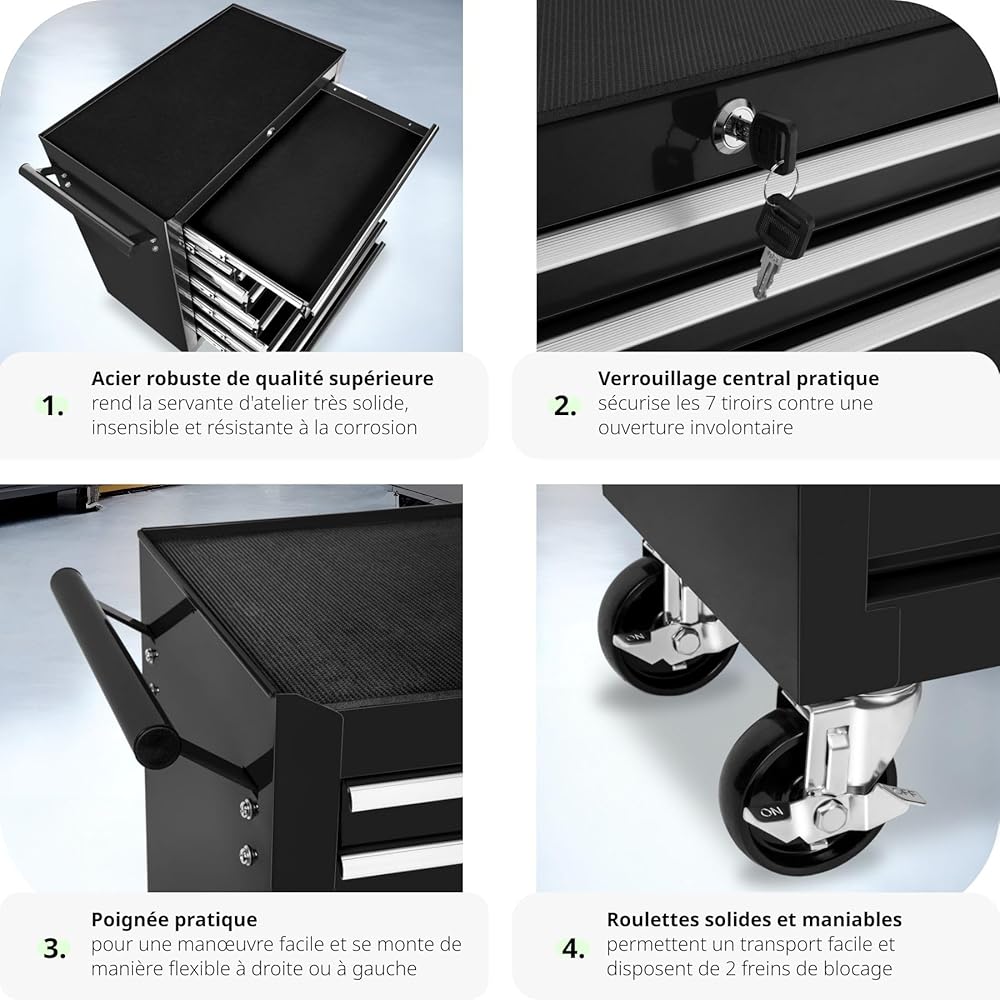 2026 TecTake® Chariot d'atelier Metallique Servante d'atelier Vide Trolley Professionnel 7 Tiroirs spacieux Verrouillables Chariot a Roulette pour Rangement Atelier Garage - Noir : Commerce, Industrie et Science