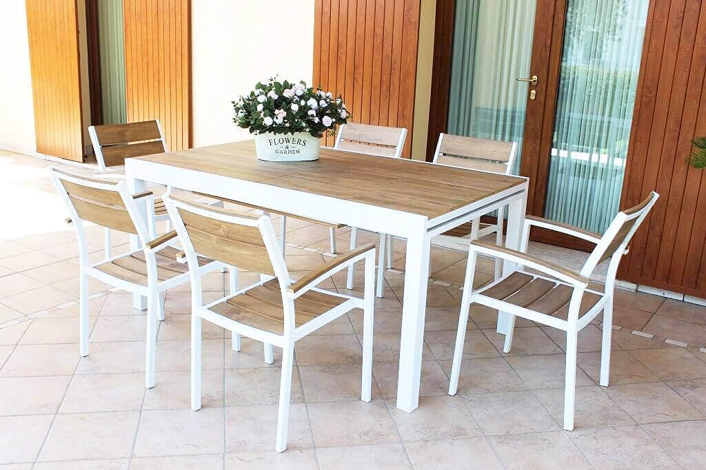 2026 MilaniHome.it - Table Set 200/300 x 100 cm, Aluminium Frame Including 10 Seats, White, Brown