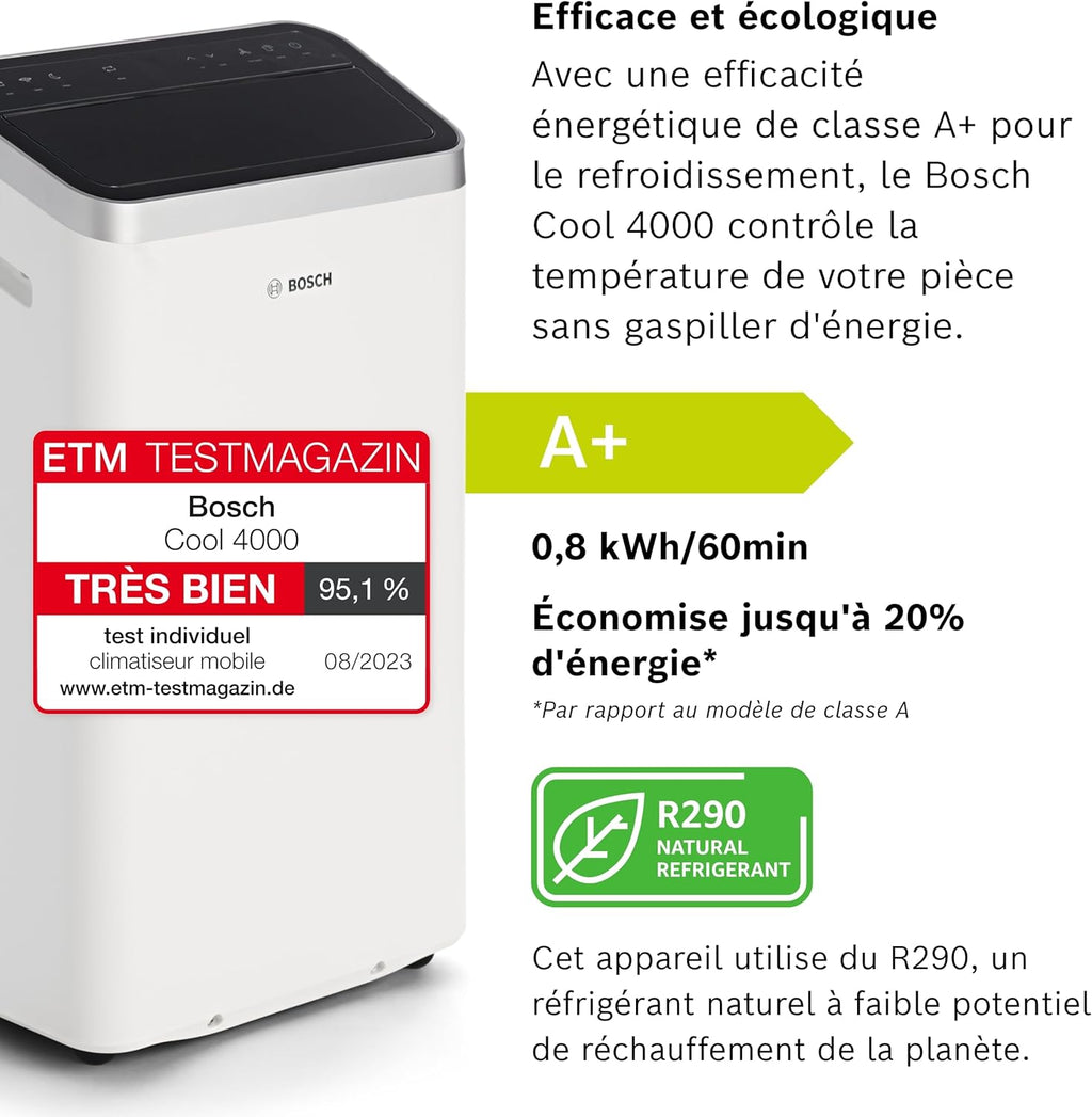 2026 Bosch Cool 4000 Portable AC - 3 en 1 Climatiseur, Déshumidificateur, Ventilateur - 2,6 kW pour les pièces jusqu'à 35m² - Avec Mode Auto, Mode Silencieux et Mode Veille (48 db (A)) [Classe A+]