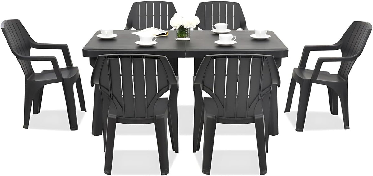2026 Tomaino - Table and 6 Plastic Garden Chairs Set - with Extendable Extension, with Armrests, Stackable, for Outdoor, Terrace - Norden Dining Set (Black)
