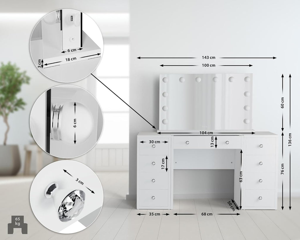 2026 CLP Coiffeuse Tiline Miroir Hollywood Éclairage LED 9 Tiroirs Plateau Verre Prise USB Blanc