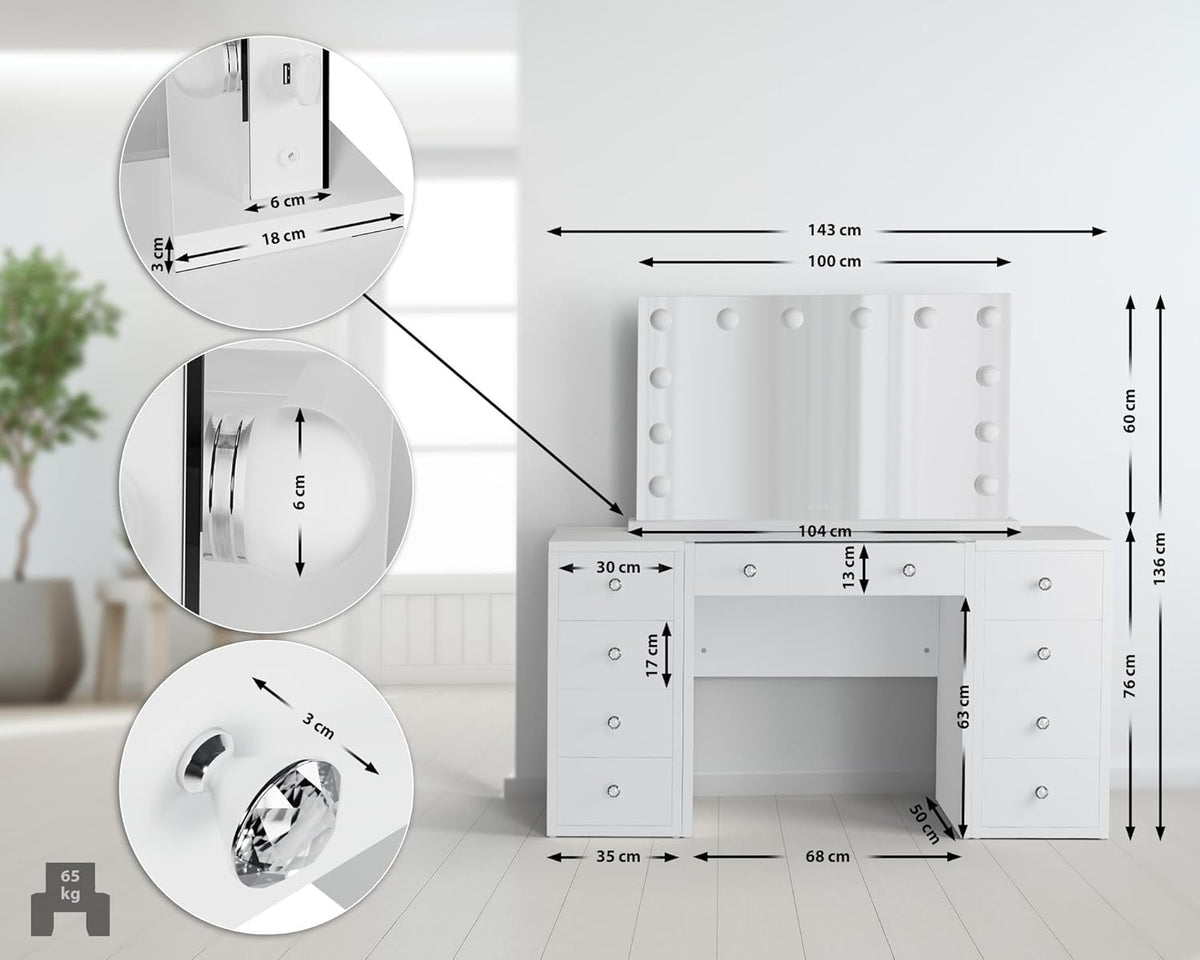 2026 CLP Coiffeuse Tiline Miroir Hollywood Éclairage LED 9 Tiroirs Plateau Verre Prise USB Blanc
