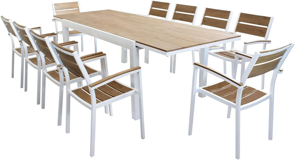 2026 MilaniHome.it - Table Set 200/300 x 100 cm, Aluminium Frame Including 10 Seats, White, Brown