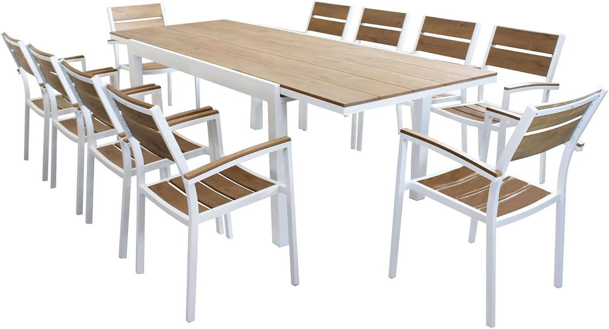 2026 MilaniHome.it - Table Set 200/300 x 100 cm, Aluminium Frame Including 10 Seats, White, Brown