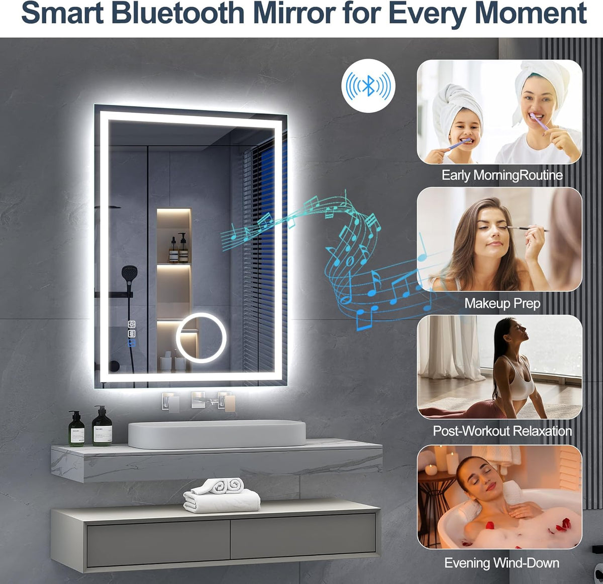 Miroir de salle de bain S'bagno avec éclairage 120 x 70 cm, miroir de salle de bain LED avec Bluetooth et fonction antibuée, intensité variable 3000 K/4000 K/6500 K, mémoire de forme, verre trempé HD, IP44 - Miroirs de salle de bain LED, horizontaux