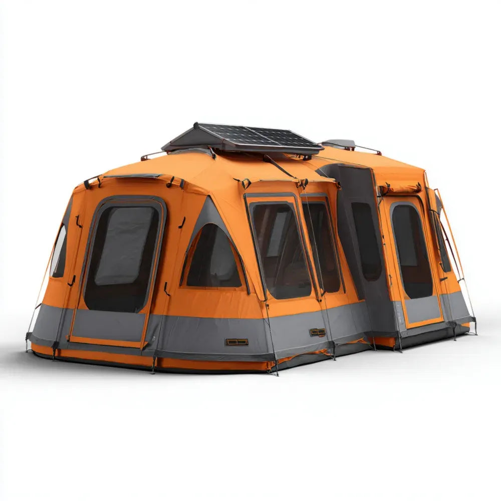 2026 Tente de camping 5x3,5x2,2 mètres en polyester 6 personnes – Orange/Gris – Système de panneaux solaires