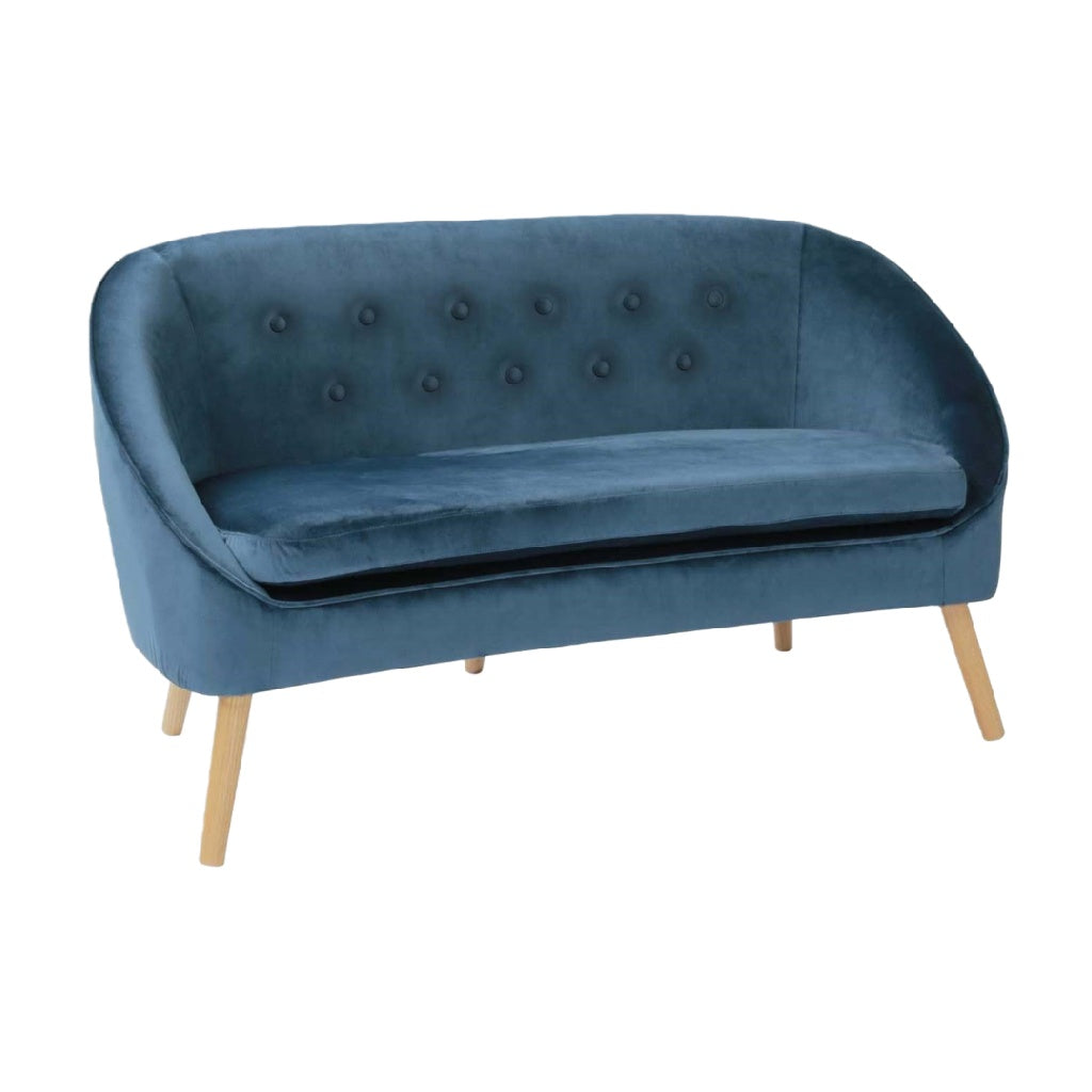 2026 Canapé 2 places en velours bleu – style scandinave rétro avec pieds en bois naturel – confort élégant