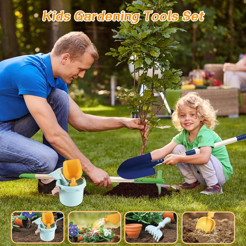 2026 Mostop Kit d'outils de jardinage pour enfants - Jouet avec brouette, pelle en métal, râteau, râteau, chariot de jardin extérieur, cadeau d'anniversaire pour garçons et filles de 4 à 8 ans : Jeux et Jouets