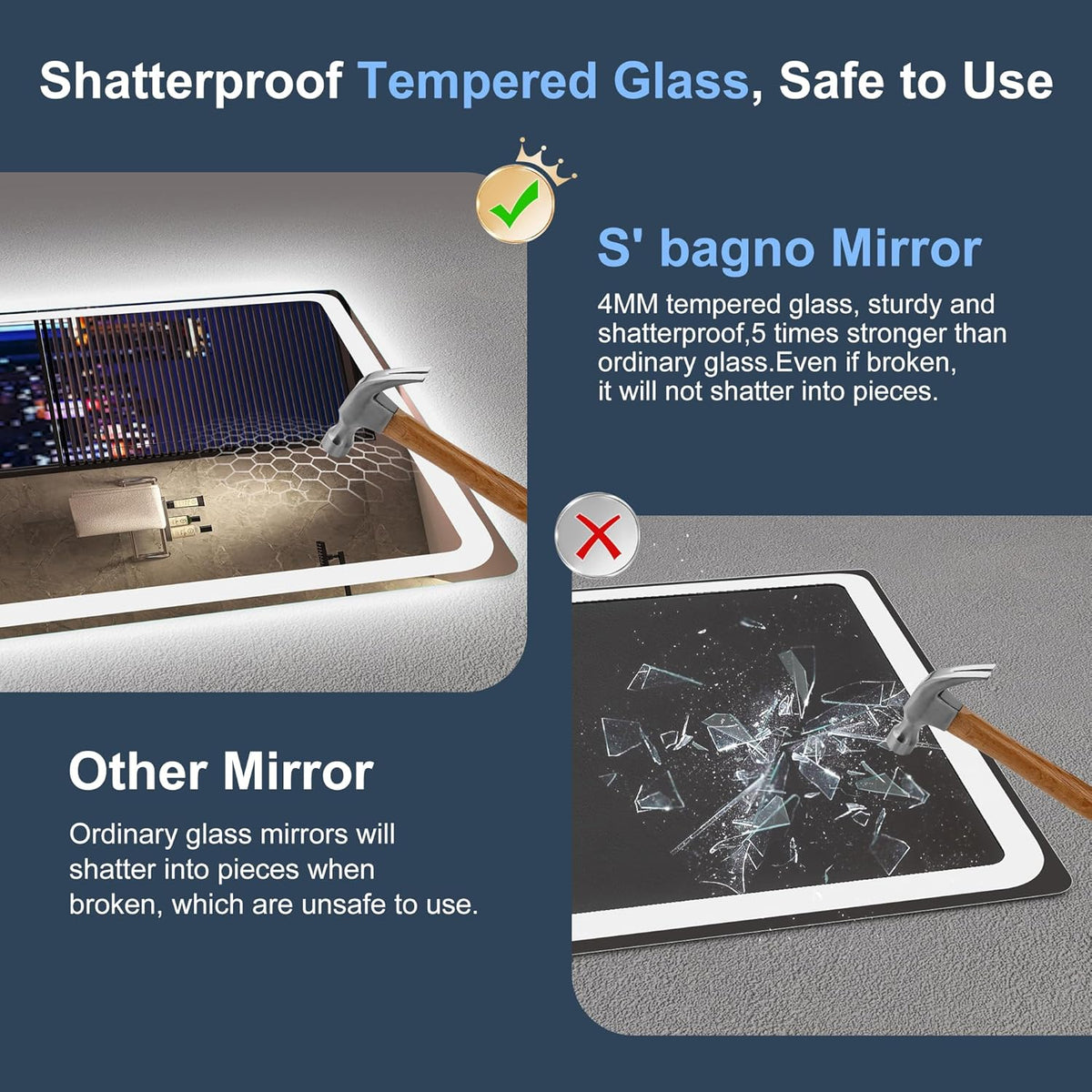 Miroir de salle de bain S'bagno avec éclairage 120 x 70 cm, miroir de salle de bain LED avec Bluetooth et fonction antibuée, intensité variable 3000 K/4000 K/6500 K, mémoire de forme, verre trempé HD, IP44 - Miroirs de salle de bain LED, horizontaux