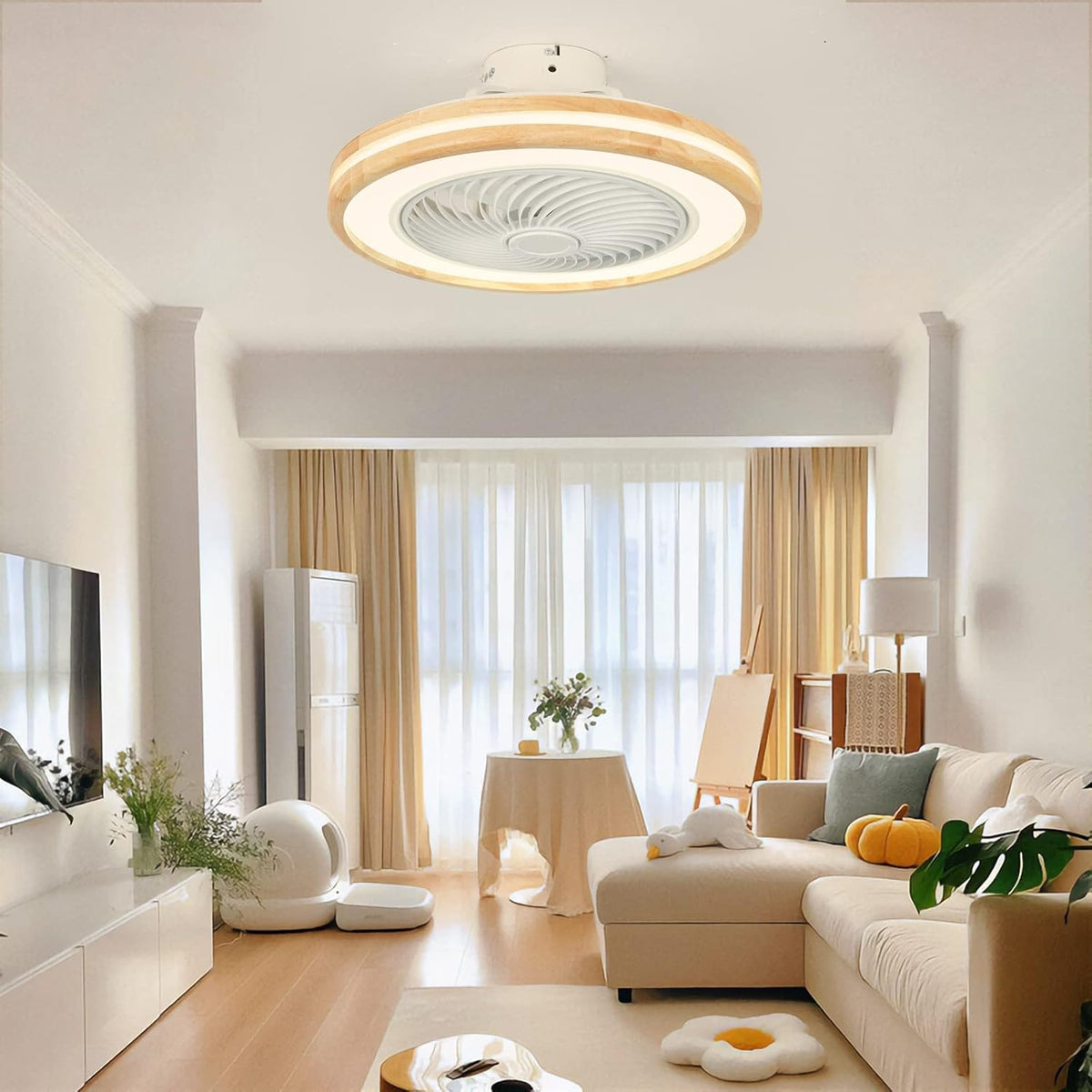 2026 LJX Ventilateurs de Plafond avec Lumières Bois et Télécommande Plafonnier Ventilateur Design Sans Pales Été Et Hiver Réversible 6 Vitesses Moteur DC Gradable Ventilo Plafond Silencieux Pour Chambre