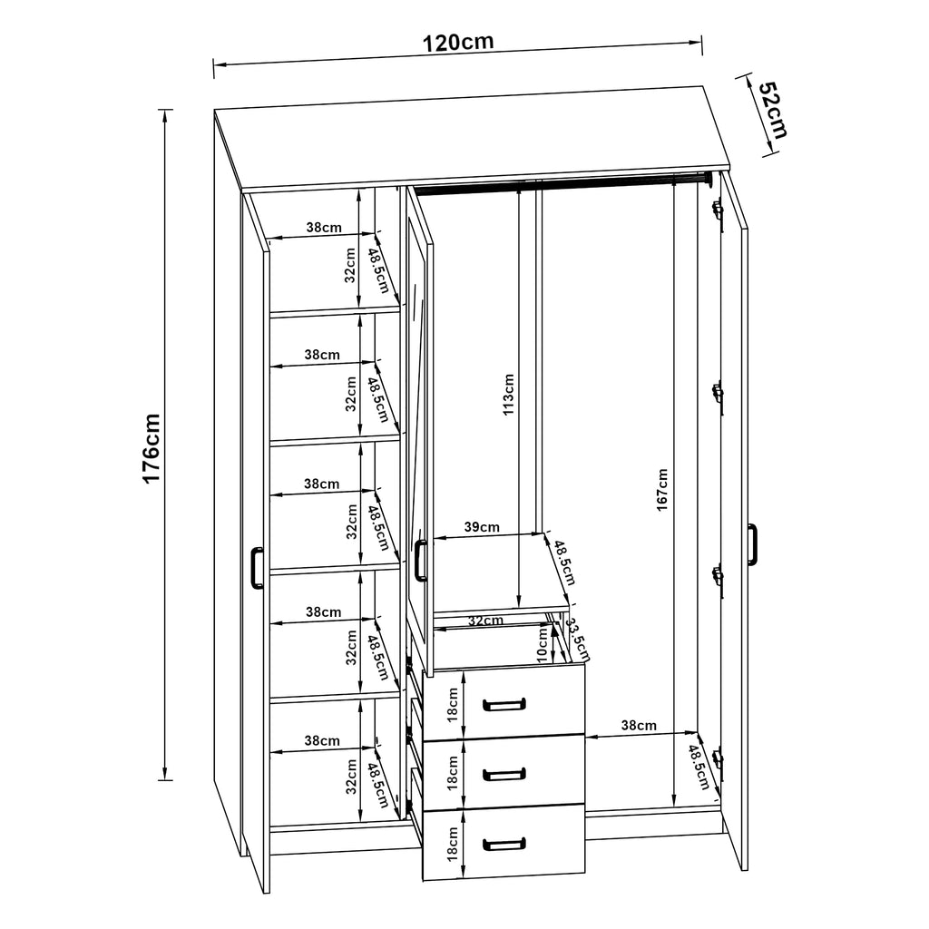 2026 Armoire de chambre garde-robe moderne meuble de rangement intemporel 5 étagères 3 tiroirs + miroir MDF 176 x 120 x 52 cm effet chêne sonoma 03_0006369