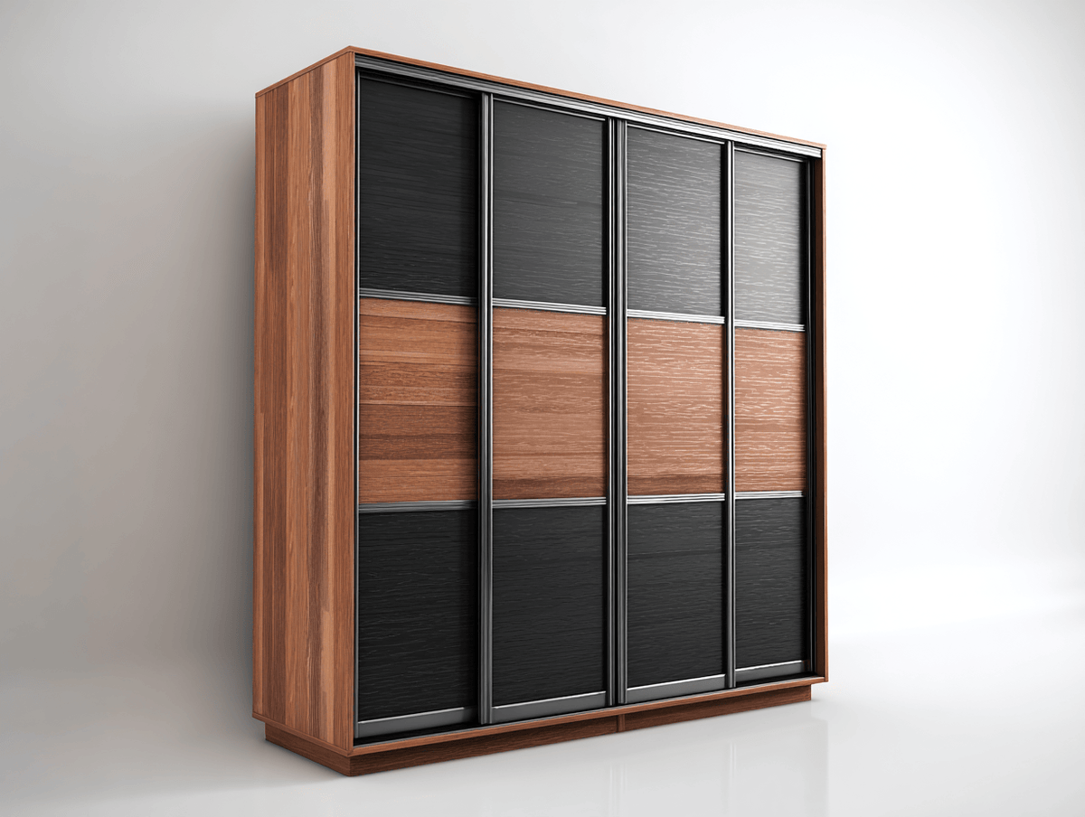 2026 Armoire 4 portes coulissantes – façade bois noir et brun à effet rainuré