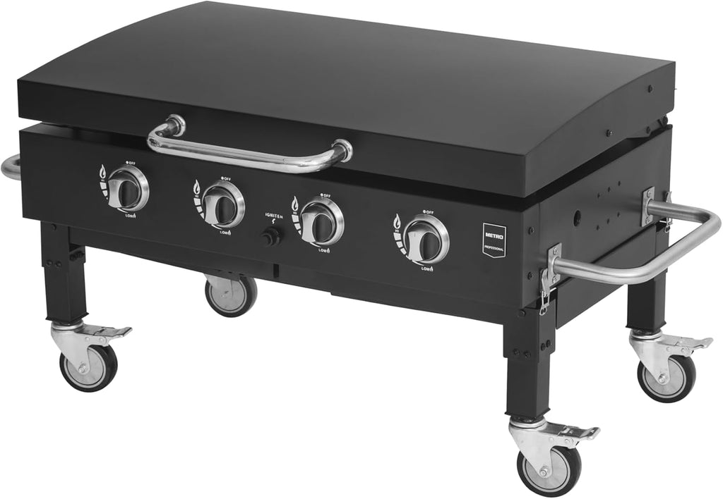 2026 METRO PROFESSIONAL Barbecue Plancha à Gaz avec 4 Brûleurs Dayton, Acier Inoxydable, 14.8 kW, Allumage par Impulsion, 4 roulettes Pivotantes, Pliable, Noir