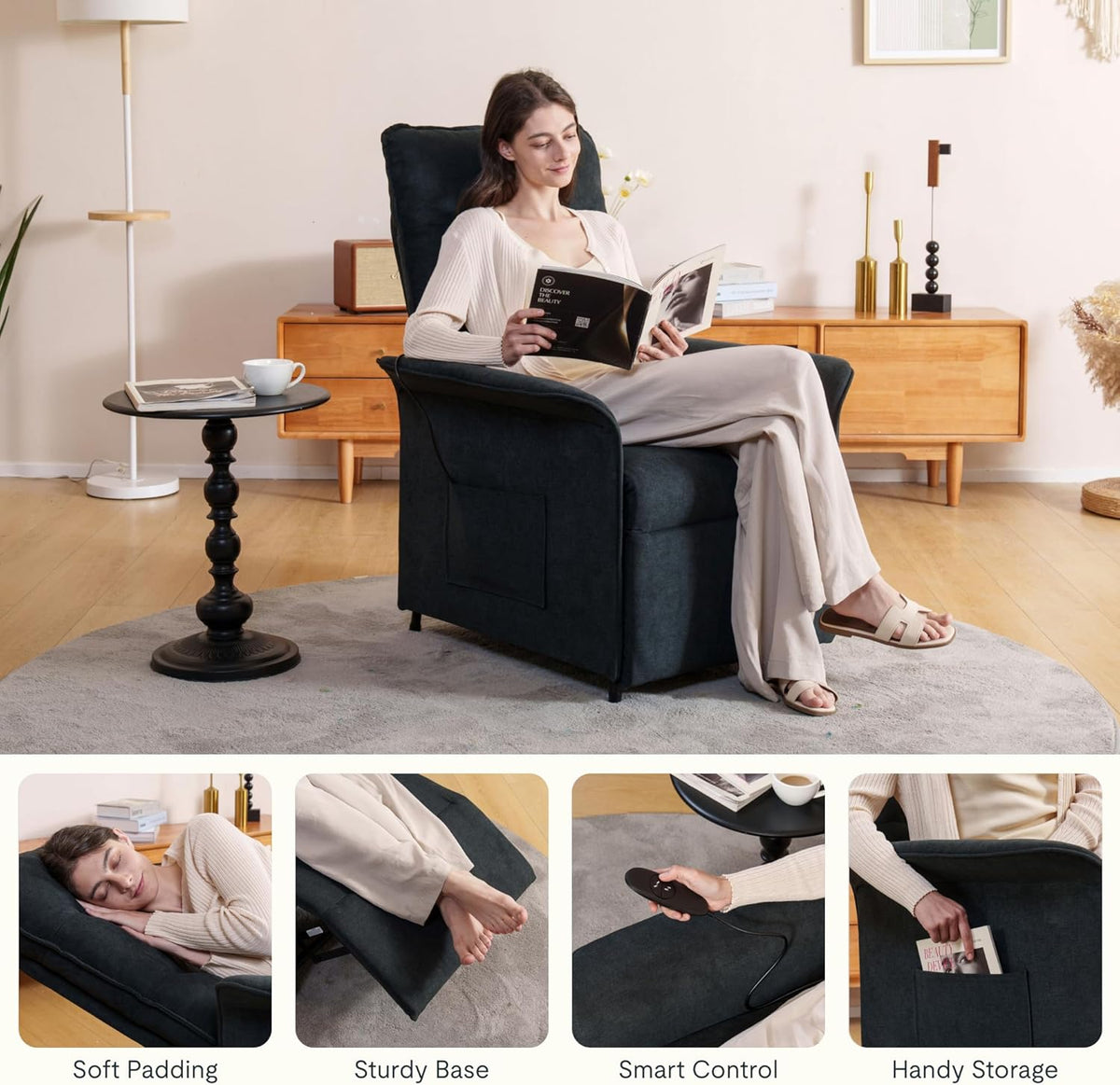 2026 Fauteuil relax électrique FLEXISPOT avec dossier réglable, inclinable de 105° à 155°, fauteuil inclinable, fauteuil relax ergonomique pour chambre, salon et home cinéma (gris foncé)