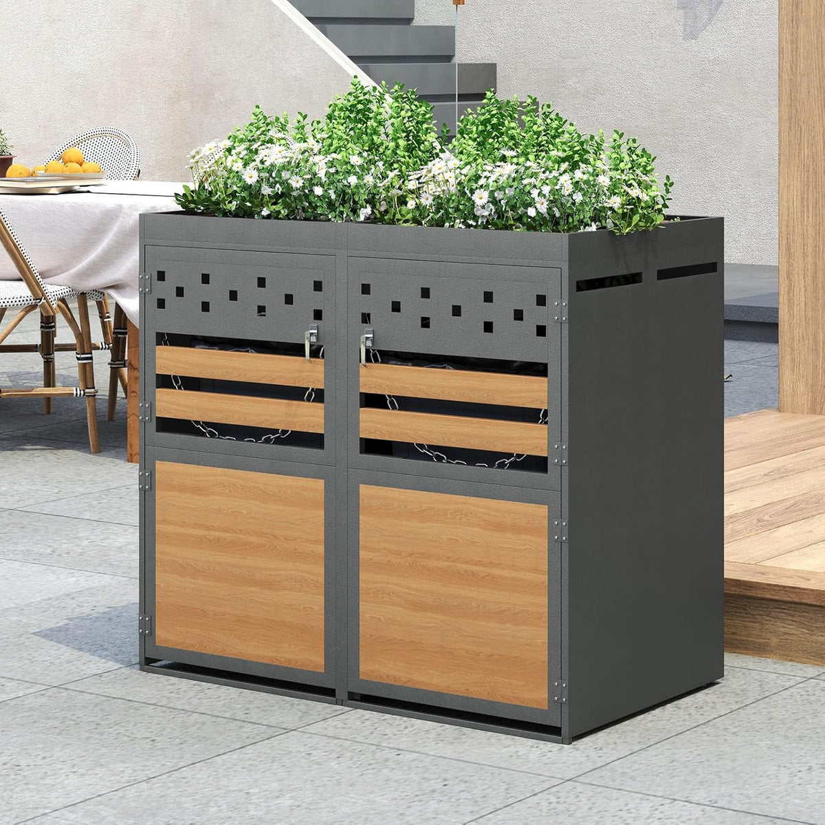 2026 Billg Cache Poubelle Extérieur Double, Abri pour 2 Poubelles de 120-240 L, Antirouille Habillage de Poubelle avec Toit Végétal et 2 Portes avec Poignées Verrouillable, Acier Galvanisé, Anthracite