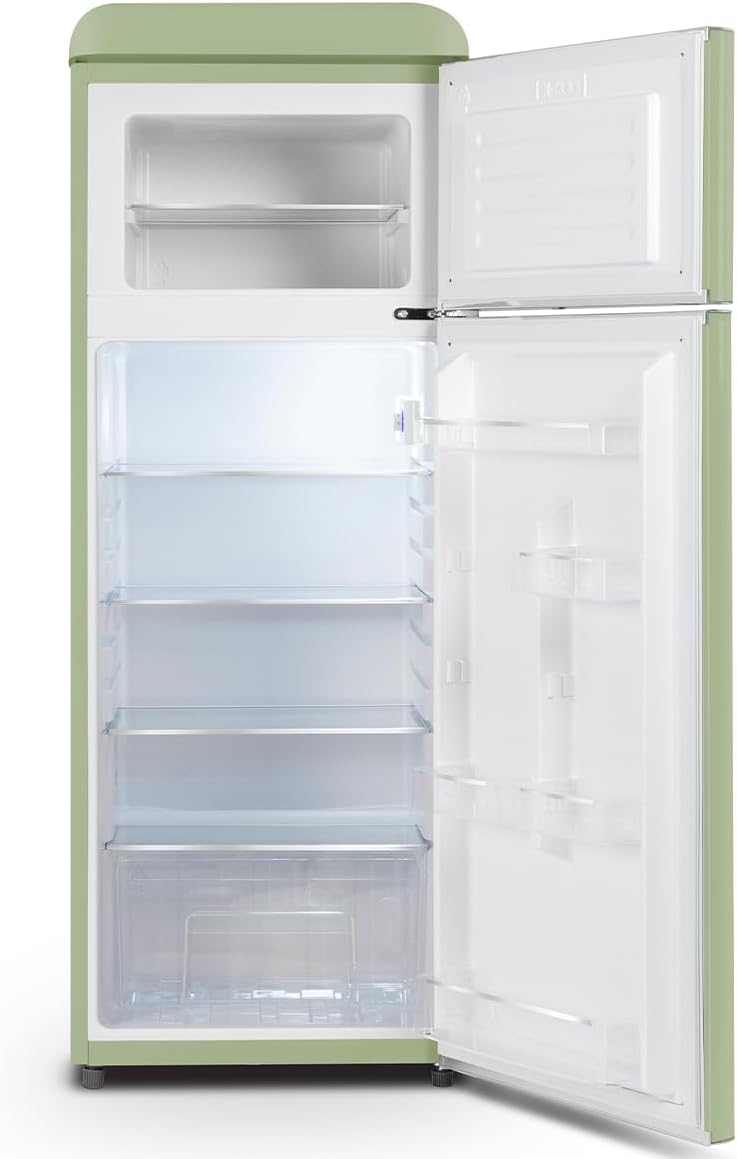 2026 SCHNEIDER SCDD208VVA, Réfrigérateur 2 portes, 211L (172+39), Froid statique, Dégivrage automatique, 3 clayettes verre, Thermostat réglables, Pieds réglables,Vert amande
