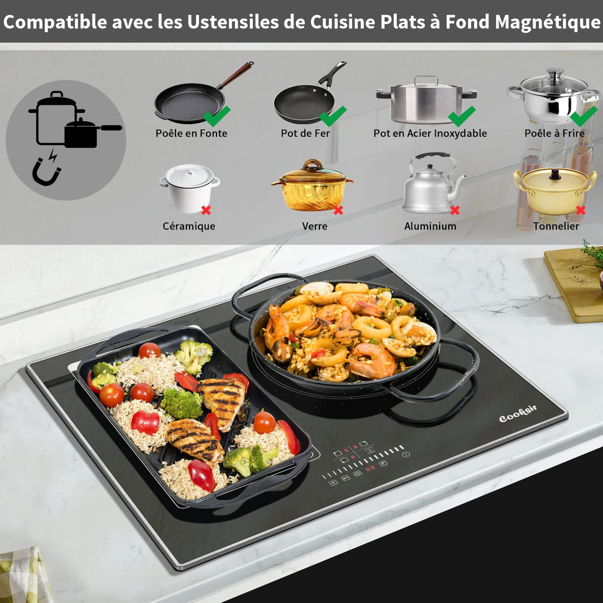 2026 Cooksir Plaque Induction 3 Feux avec Cadre, Table de Cuisson Induction 60cm Encastrable, 6800W, Commande Tactile à Curseur, Bord Inox, Zone Flexibles