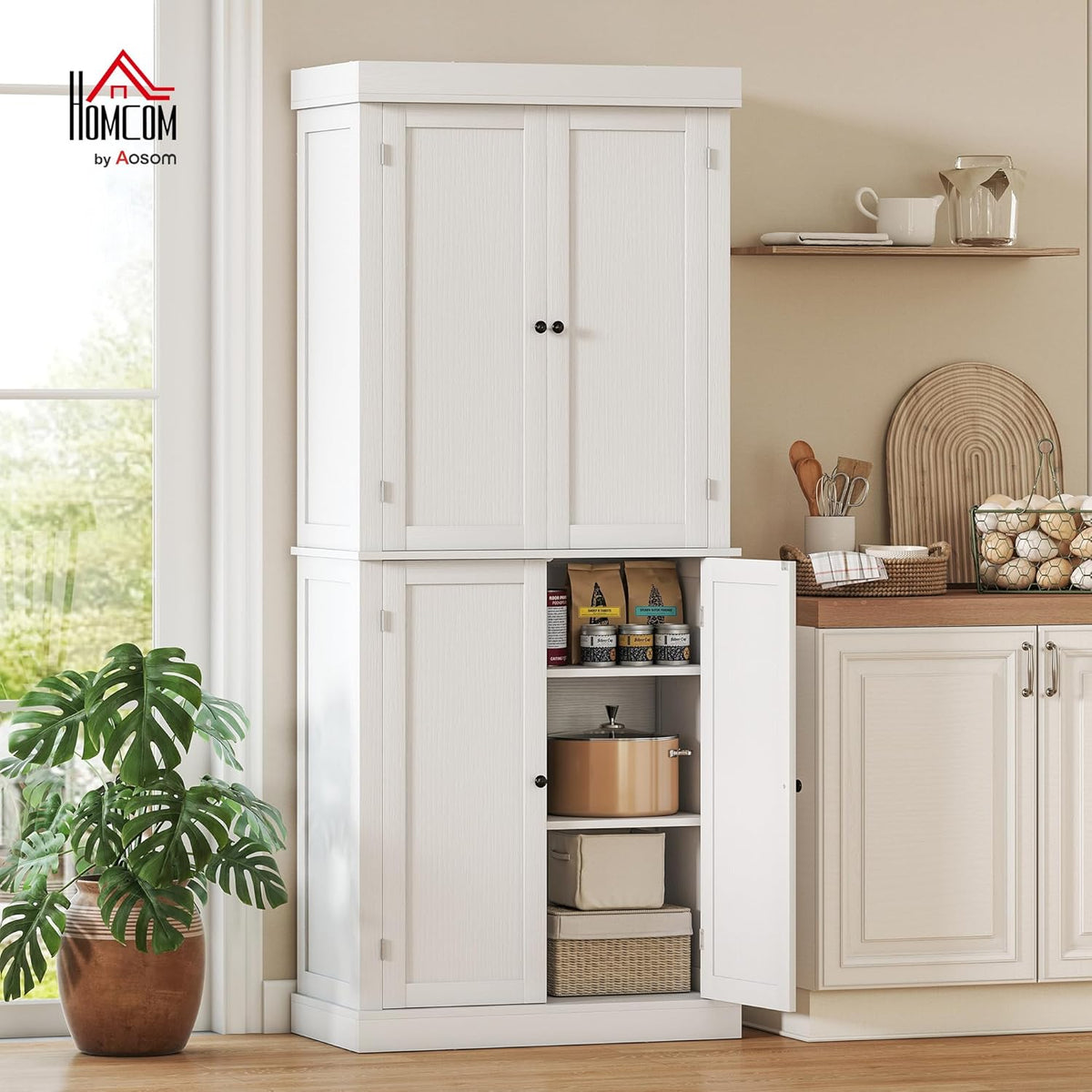 2026 HOMCOM Mobile Cucina Alto con 6 Ripiani e 2 Ante, Armadio Dispensa con Ripiani Regolabili in Legno, 76x40.5x184 cm, Bianco