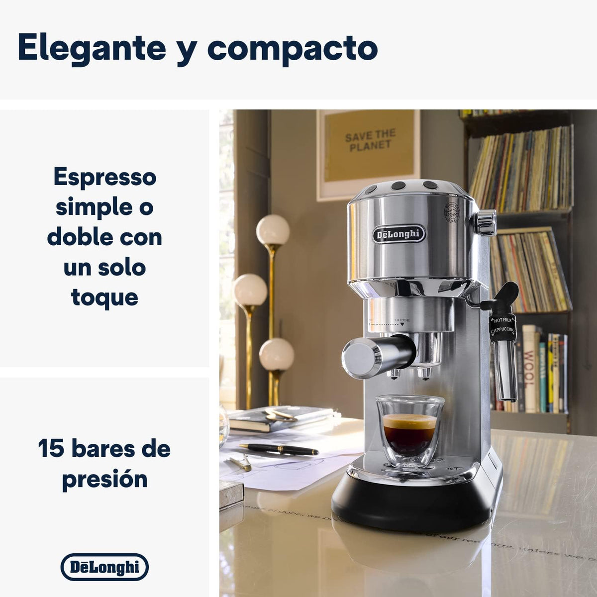2026 De'Longhi Dedica – Cafetière à pompe en acier inoxydable pour café moulu ou individuel, expresso et cappuccino, réservoir de 1,3 litre, système anti-goutte, modèle EC685.M, couleur métal