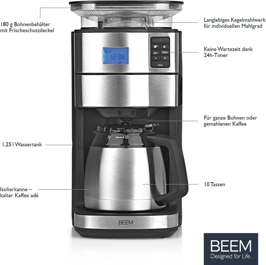 2026 BEEM FRESH-AROMA-PERFECT II Filterkaffeemaschine mit Mahlwerk - Thermo | Edelstahl | Thermokanne | 24h-Timer | 1000 W | 180 g Bohnenbehälter