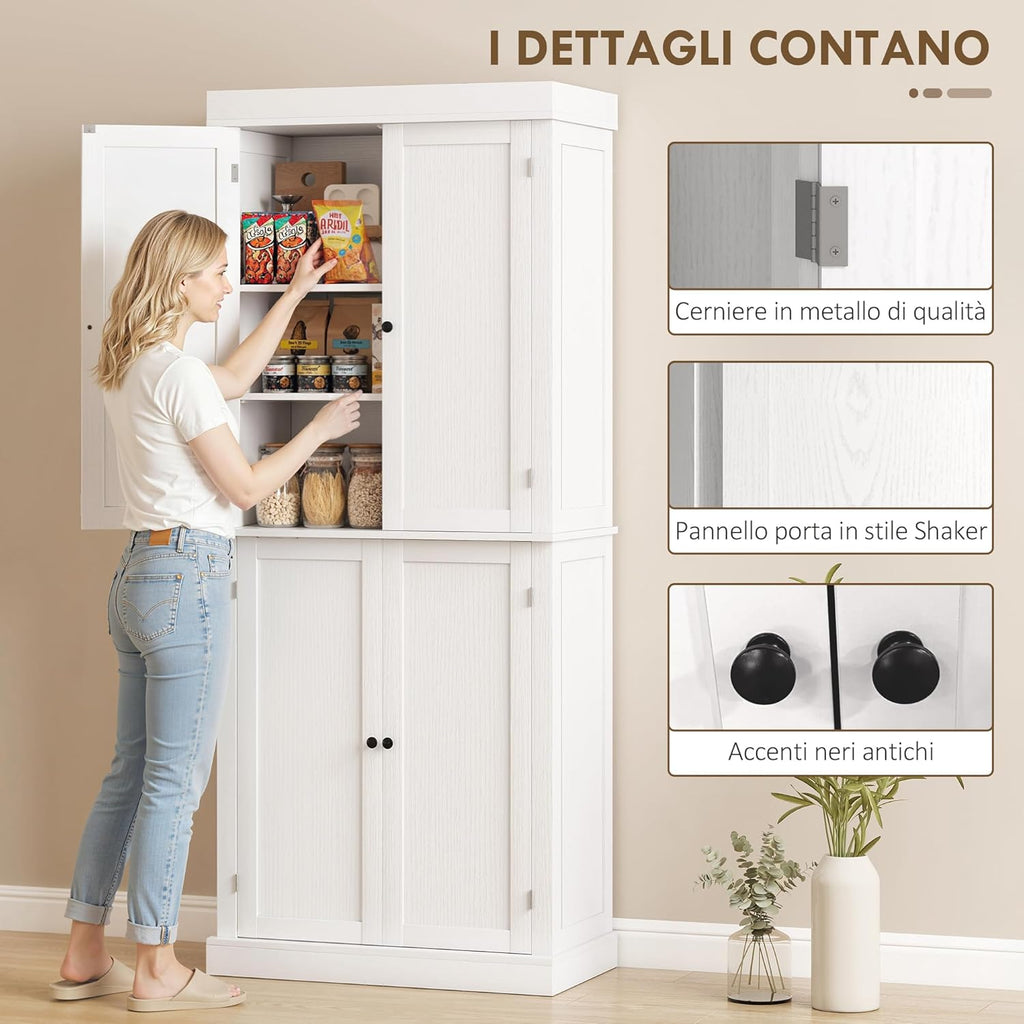 2026 HOMCOM Mobile Cucina Alto con 6 Ripiani e 2 Ante, Armadio Dispensa con Ripiani Regolabili in Legno, 76x40.5x184 cm, Bianco