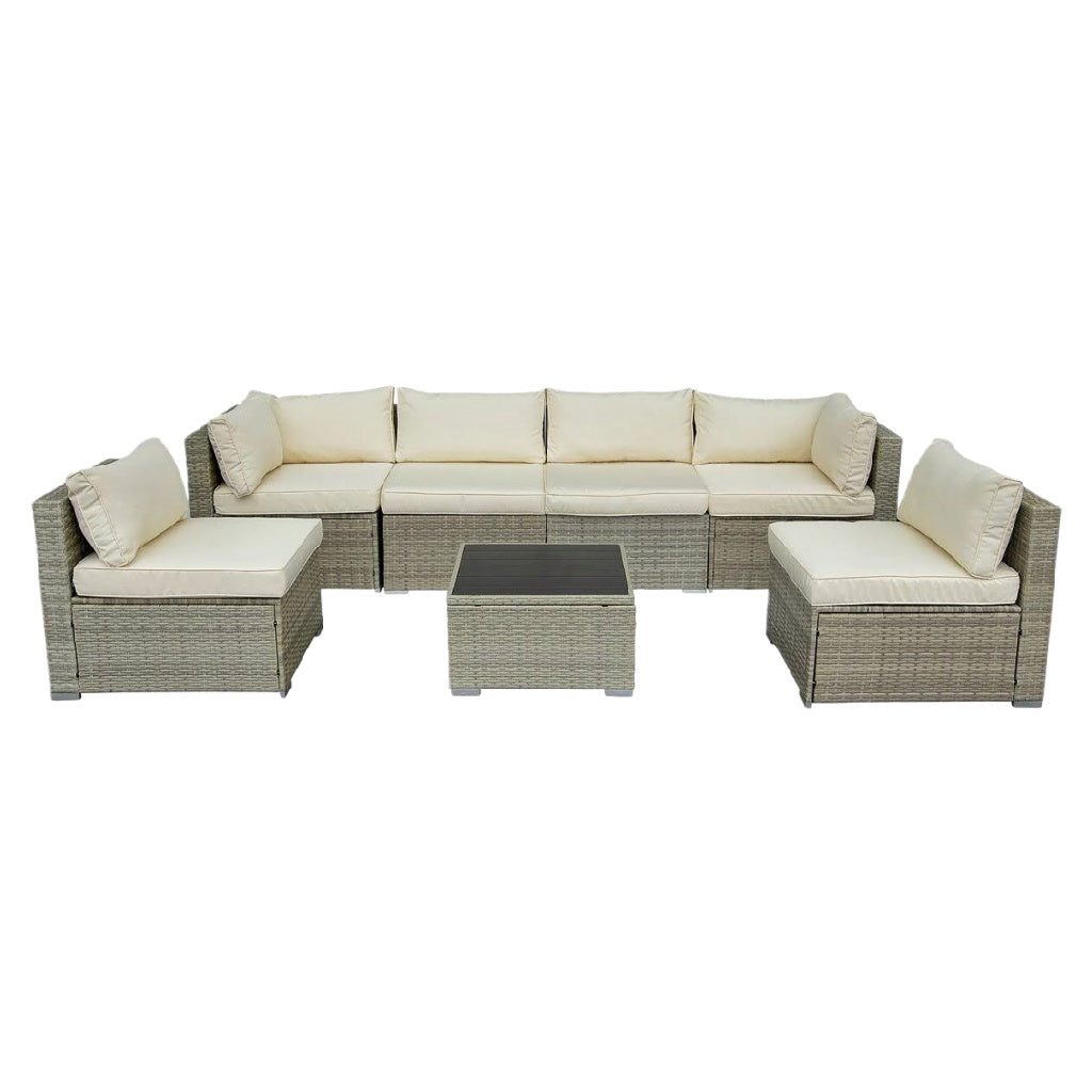 2026 Salon de jardin modulable en résine tressée gris clair – 6 places – coussins beige