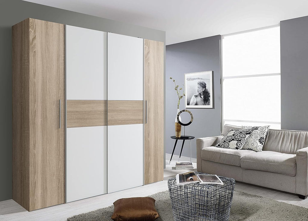 2026 AVANTI TRENDSTORE - Flavi - Wardrobe with 2 hinged doors and 2 sliding doors. Available in different colours. LAP dimensions 200 x 190.5 x 61.7 cm (Sonoma Oak/White)