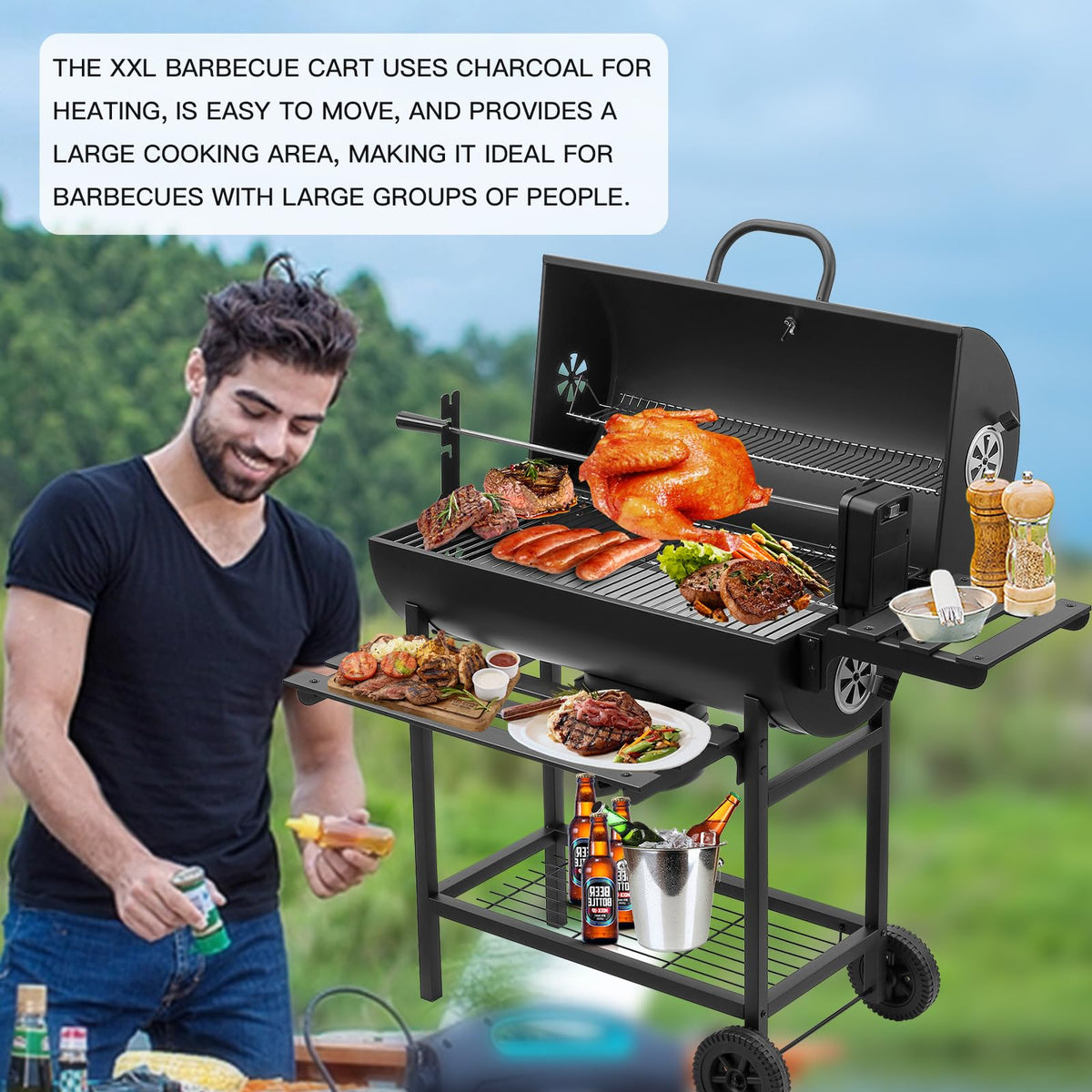 2026 TEENO Chariot à Barbecue de Bois,Grill XXL à Charbon avec Couvercle, Thermomètre,Tiroir à Cendres,Gants anti-brûlures, Évent Réglable,Grand Barbecue au Charbon de Bois (Upgraded (with chicken grill))