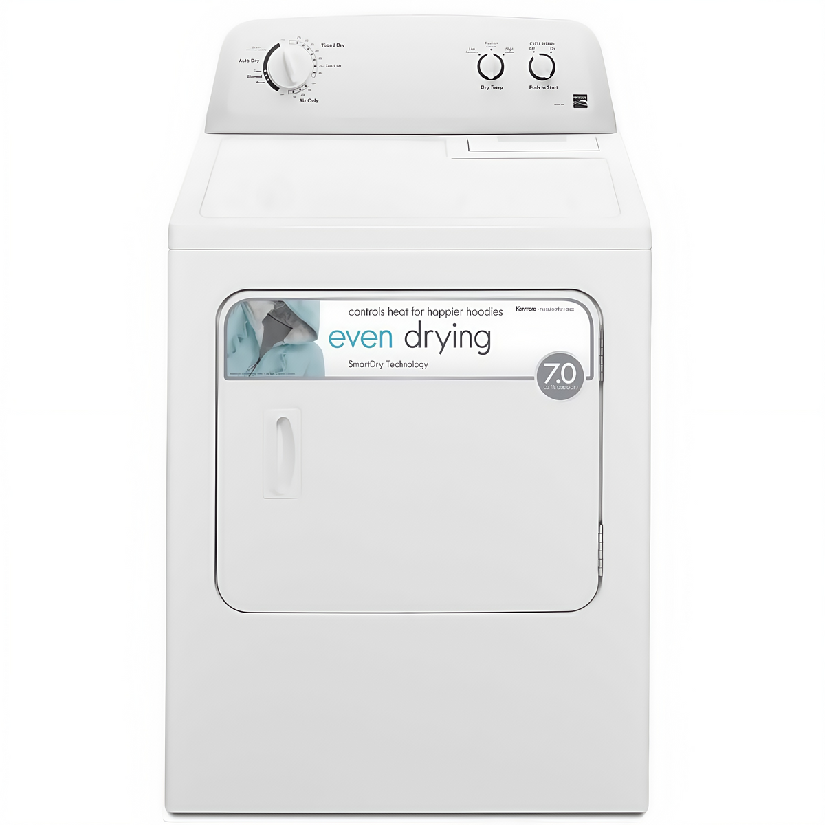 2026 Sèche-linge électrique Kenmore à chargement frontal de 74 cm (29 po) avec protection anti-froissage et capacité totale de 198 litres (7 pi³), blanc