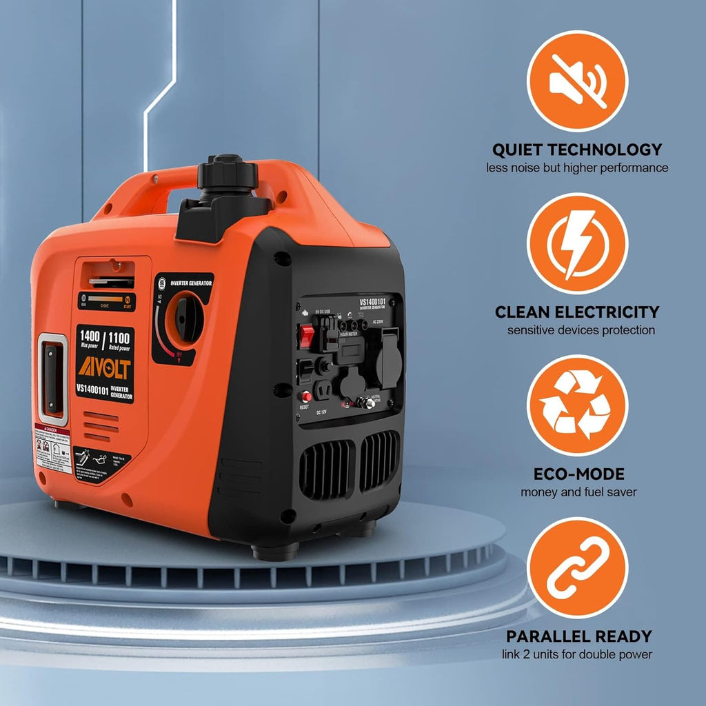 2026 AIVOLT Generatore Inverter 1400 Watt generatore di corrente silenziato gruppo elettrogeno emergenza a benzina silenzioso per campeggio, festival e uso domestico con 2 prese USB, 12V DC e 230 V AC
