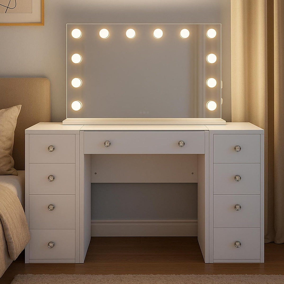 2026 CLP Coiffeuse Tiline Miroir Hollywood Éclairage LED 9 Tiroirs Plateau Verre Prise USB Blanc