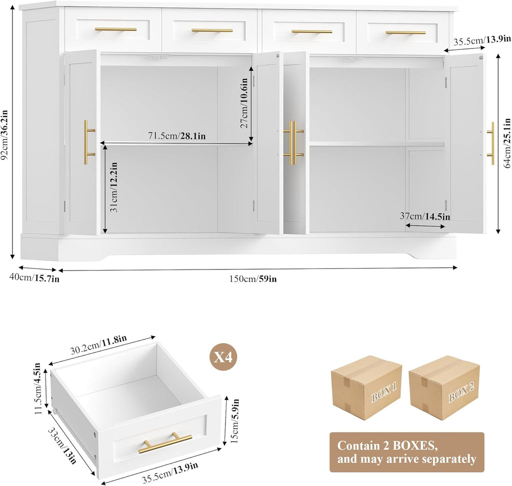 2026 HOCSOK Credenza Cucina, 150 cm Madia Cucina con 4 Cassetti 4 Ante, Credenza Soggiorno con Maniglie in Metallo per Soggiorno, sala da pranzo, Ingresso, Mobile TV, 150×92×40 cm, Bianco