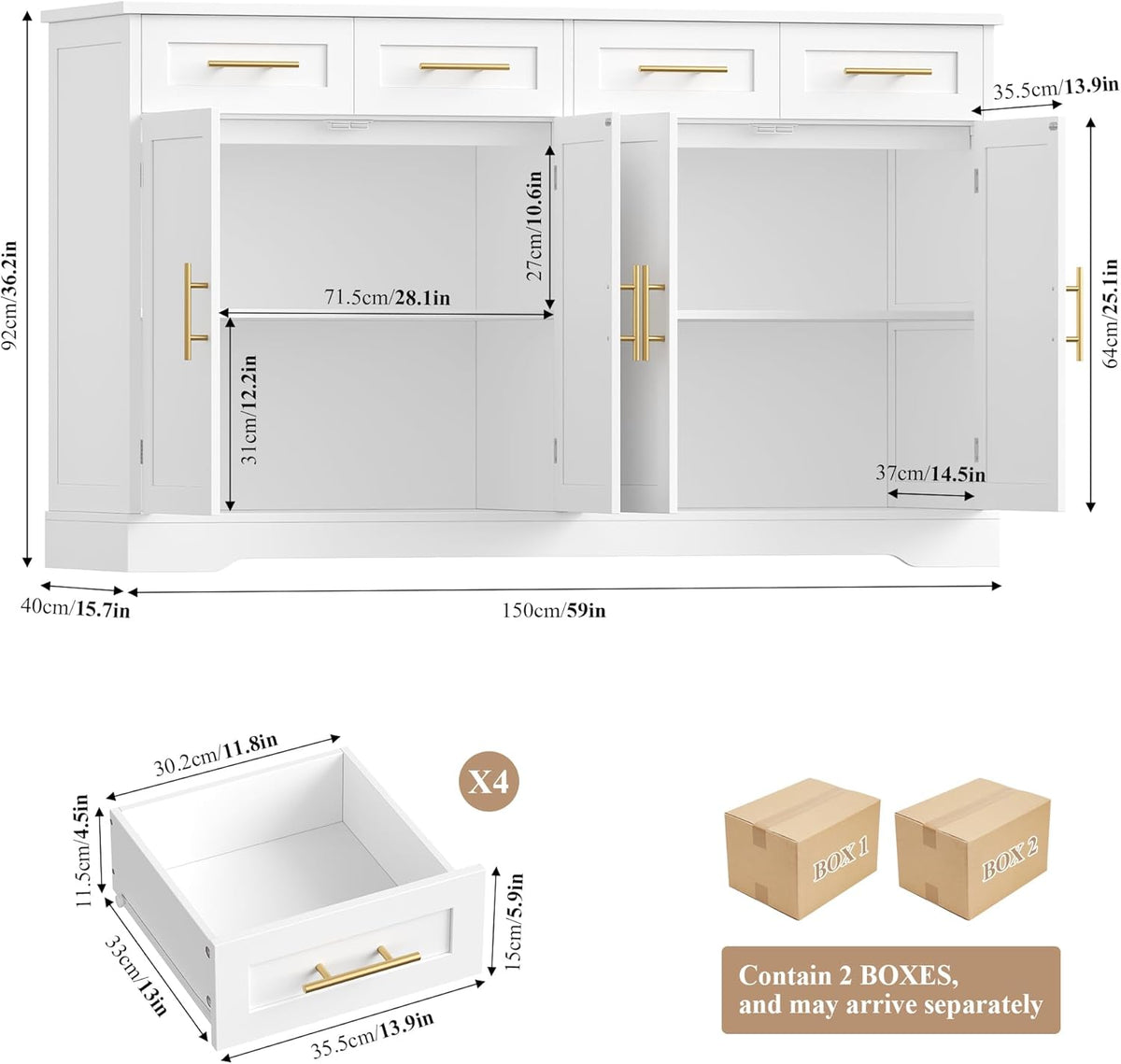 2026 HOCSOK Credenza Cucina, 150 cm Madia Cucina con 4 Cassetti 4 Ante, Credenza Soggiorno con Maniglie in Metallo per Soggiorno, sala da pranzo, Ingresso, Mobile TV, 150×92×40 cm, Bianco