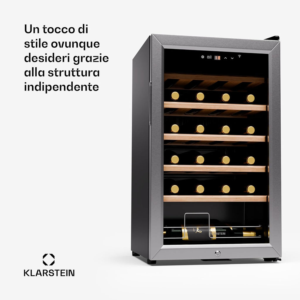 2026 KLARSTEIN Shiraz Premium Smart 24 - Frigorifero per vini, 24 bottiglie, temperatura regolabile, illuminazione LED, controllo WiFi, display touch