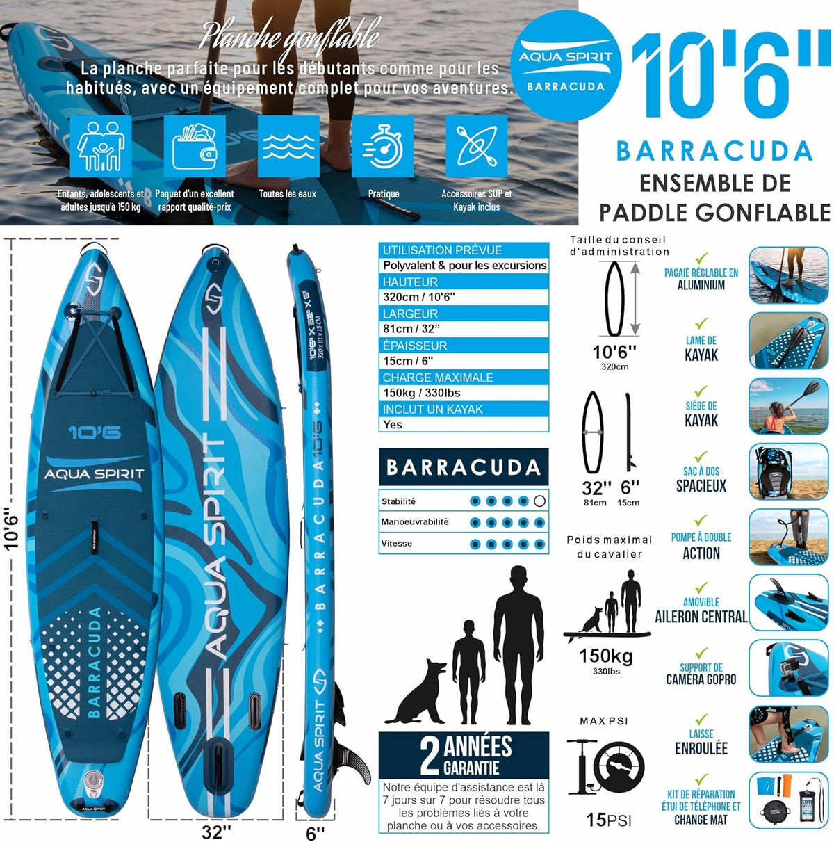 2026 Aqua Spirit Sup Planche à pagaie Gonflable Stand Up 2023 3 m / 10 m / 10 m / 10/12 pi 6/15 pi / 18 po Kit Complet de Conversion de Kayak avec pagaie, Sac à Dos, Pompe et Autres Accessoires