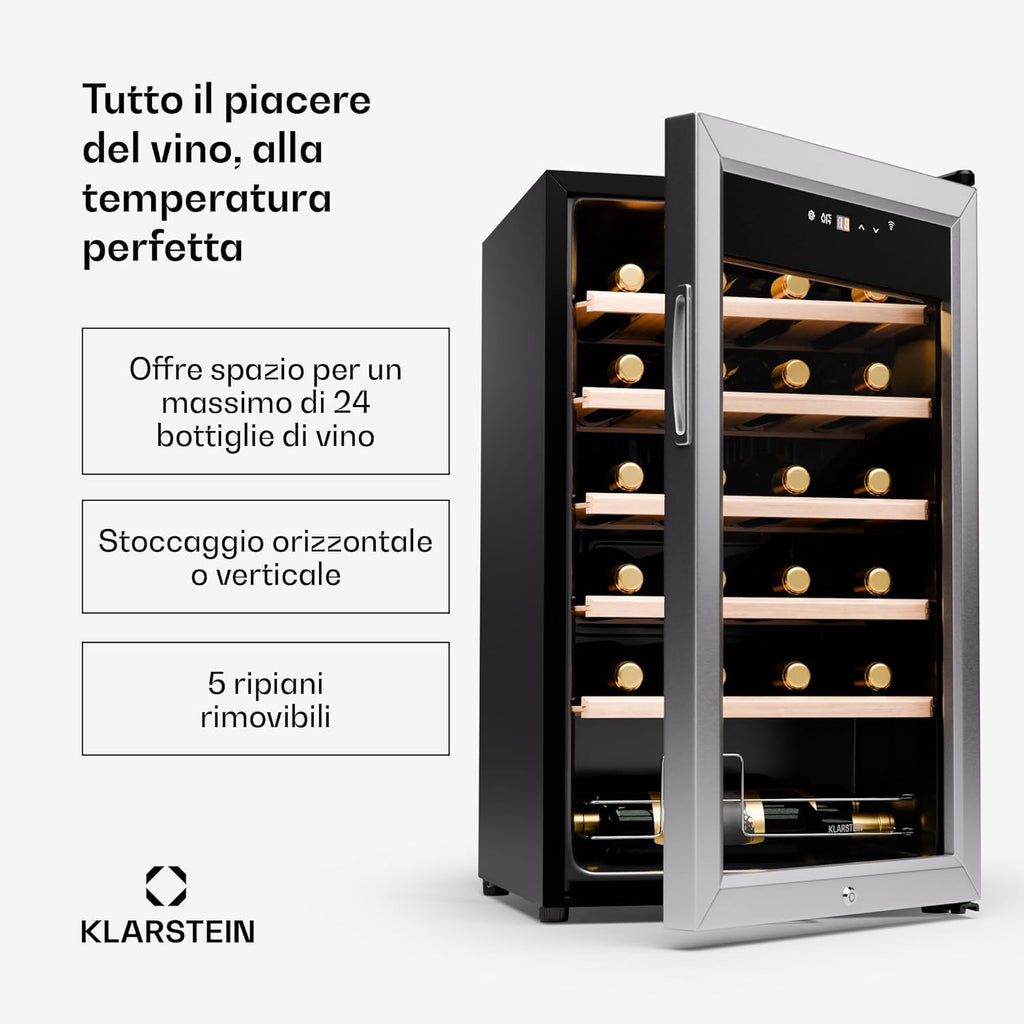 2026 KLARSTEIN Shiraz Premium Smart 24 - Frigorifero per vini, 24 bottiglie, temperatura regolabile, illuminazione LED, controllo WiFi, display touch