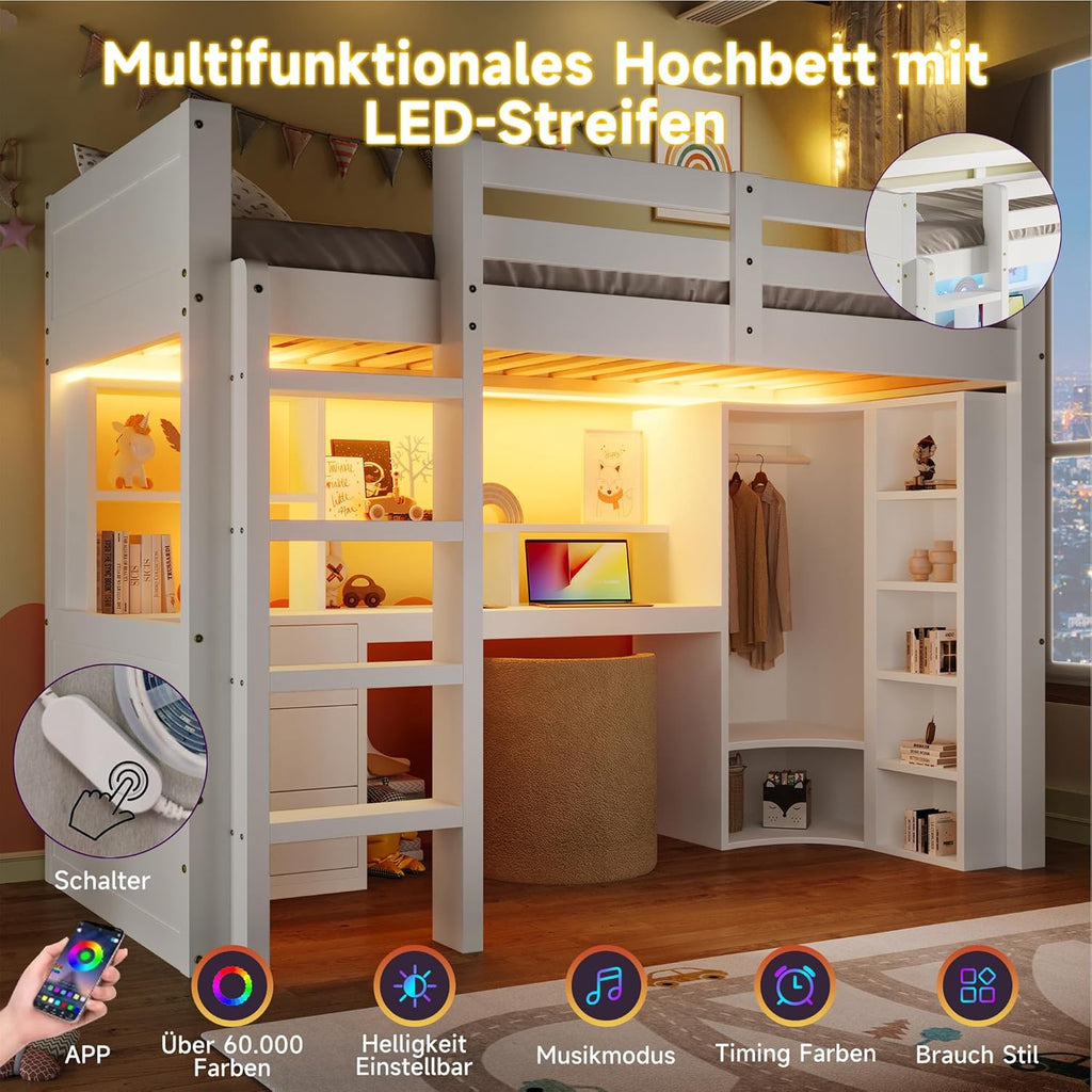 2026 Lit Mezzanine 90x200 cm, Lit Superposé Enfant et Adulte avec Bureau, Lumières LED, Armoire, Échelle, 4 Tiroirs et Rangements, Blanc et Bois lit Mezzanine (90x200 cm)